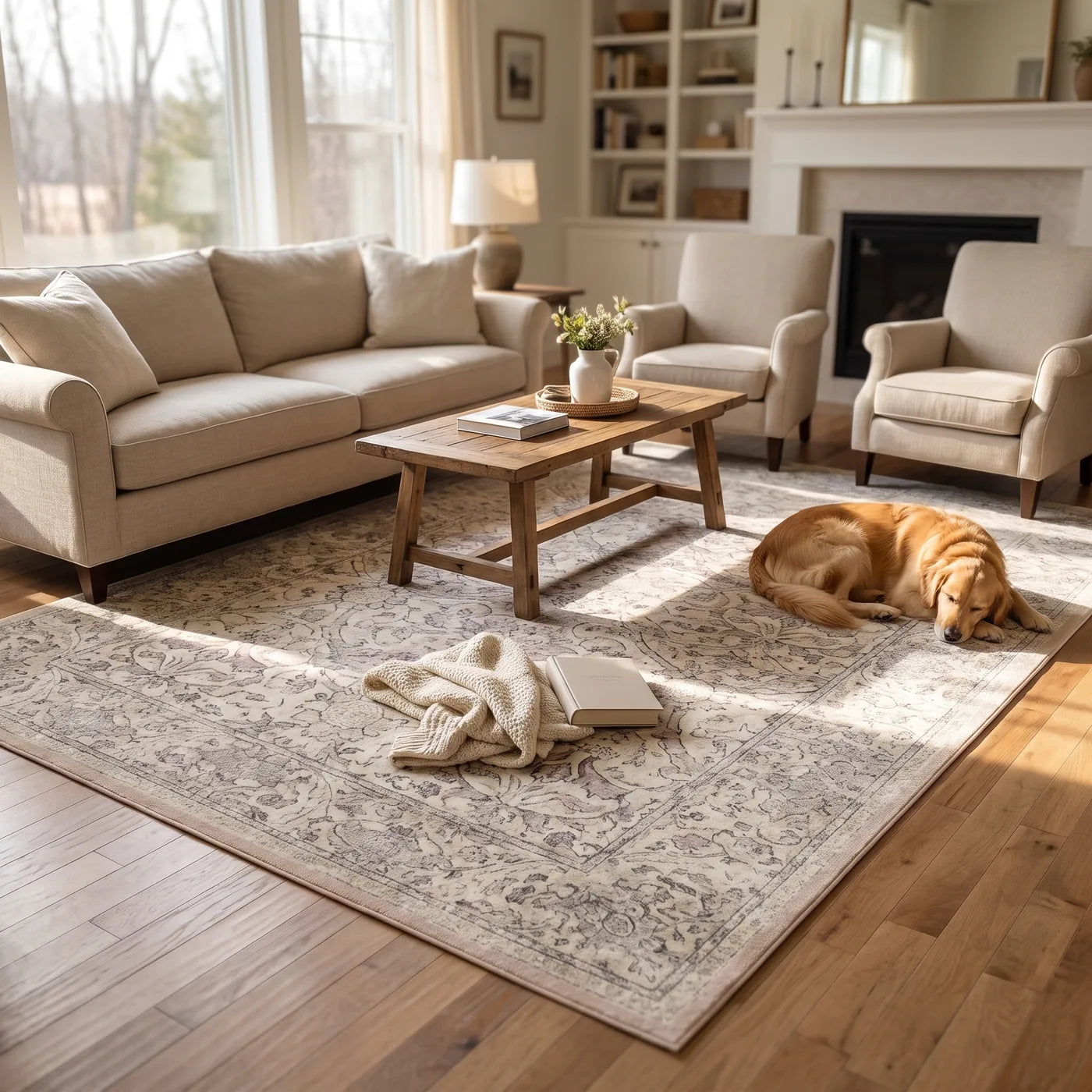 Montreal Beige & Lilac Floral Rug shown in a home