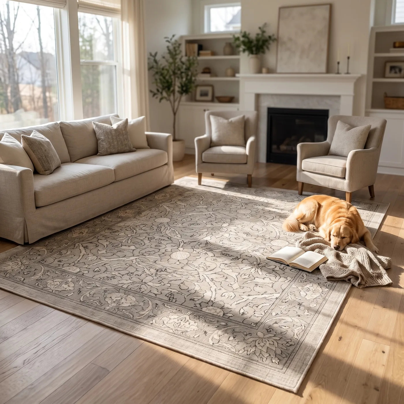 Montreal Natural Stone Floral Rug shown in a home