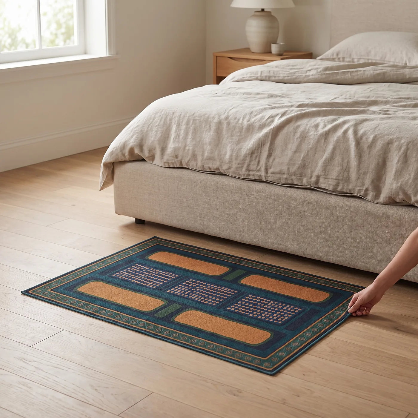 Nerissa Teal & Gold Geometric Rug shown in a home