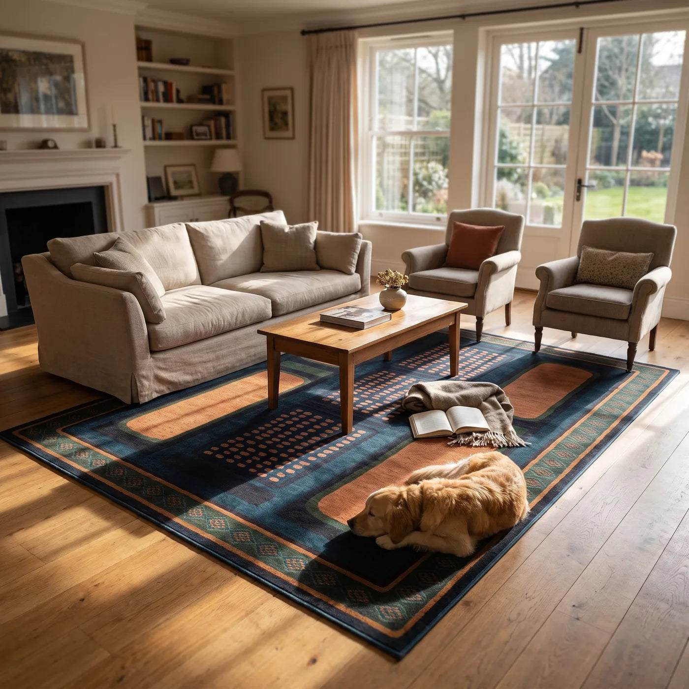 Nerissa Teal & Gold Geometric Rug shown in a home