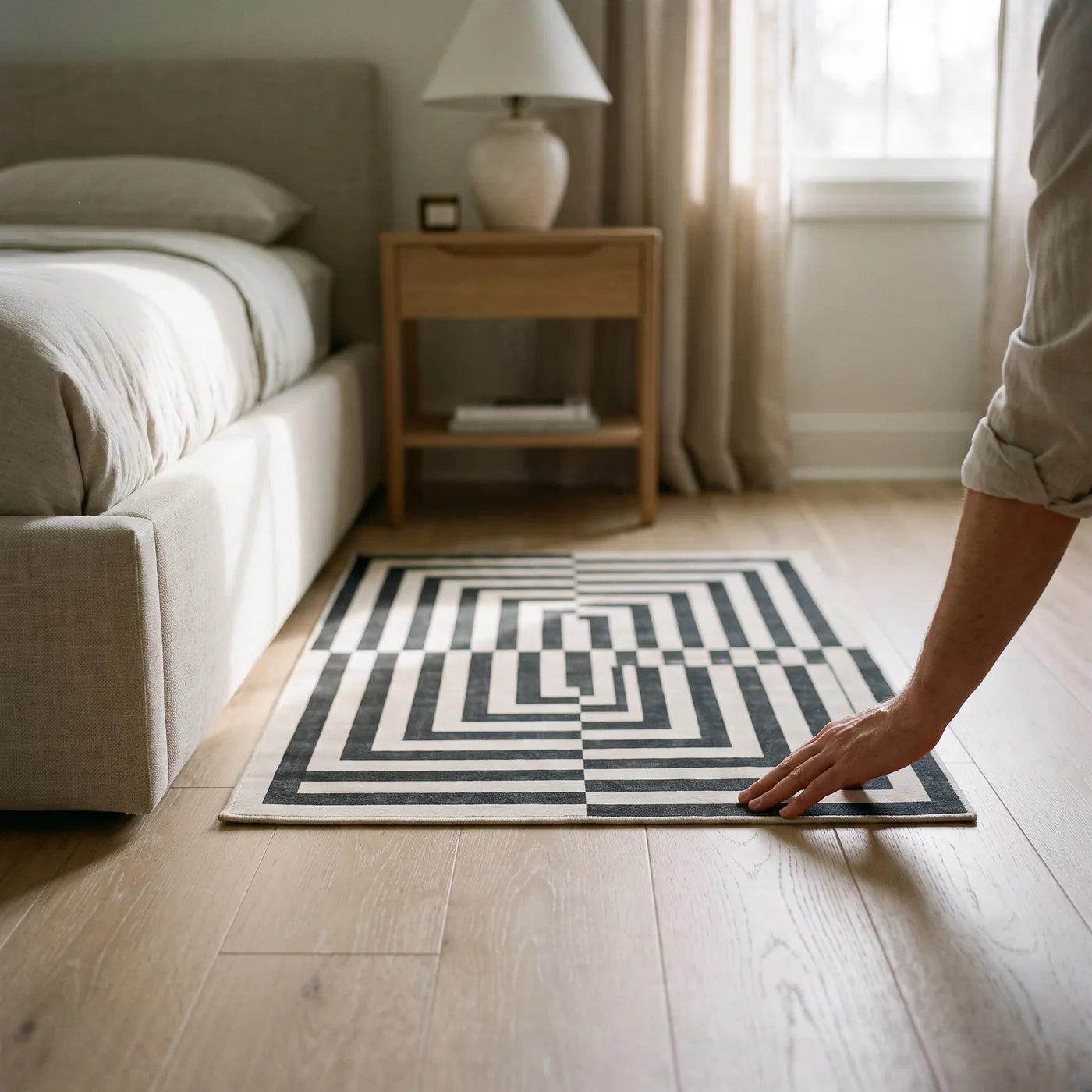 Op Art Charcoal Geometric Rug shown in a home