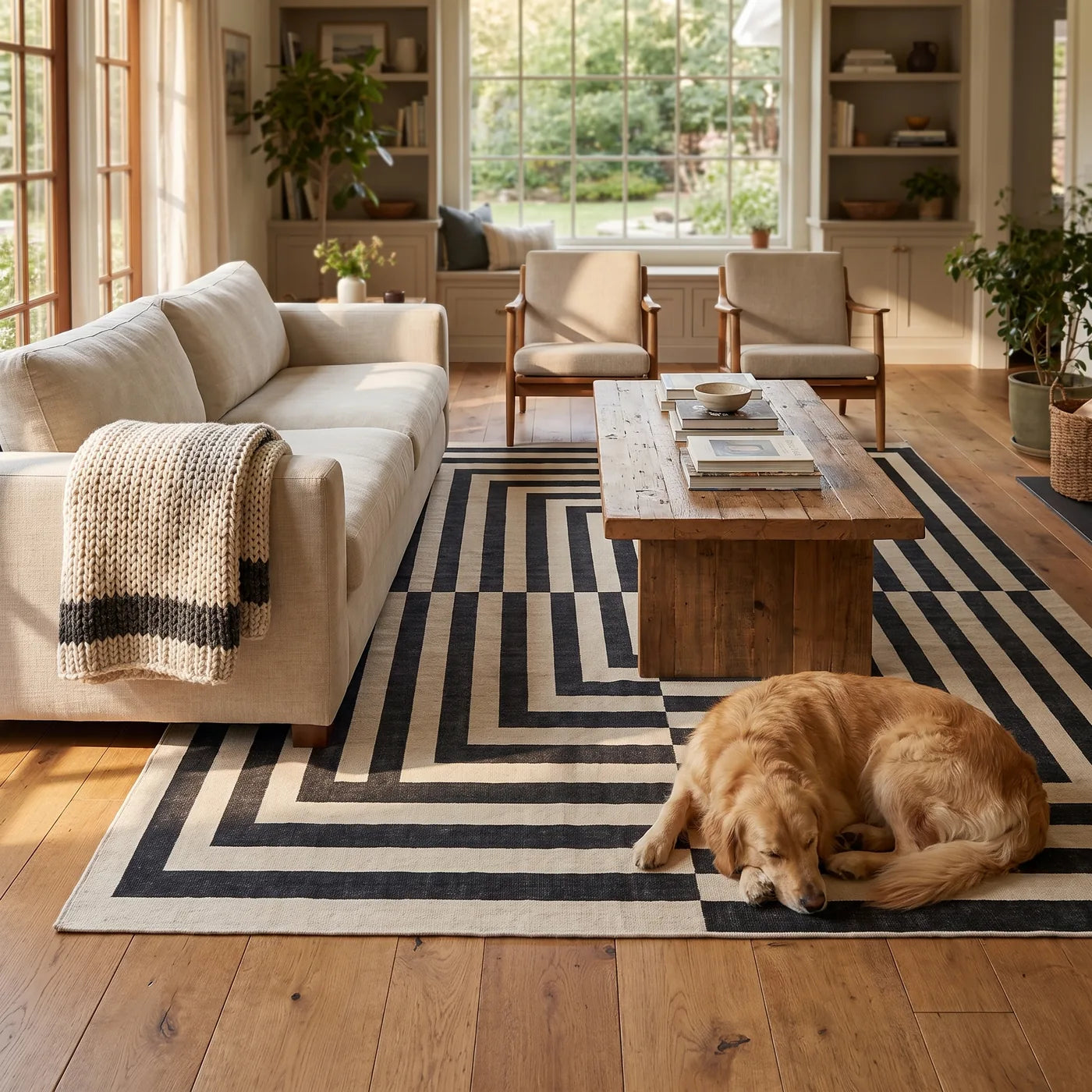 Op Art Charcoal Geometric Rug shown in a home