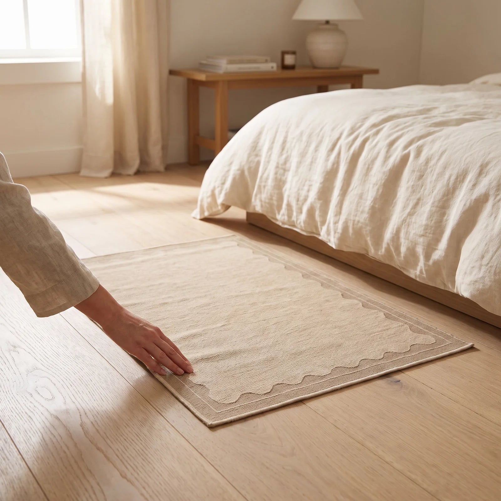 Orla Scalloped Tan Rug in a 3 by 5 size laid flat beside a bed