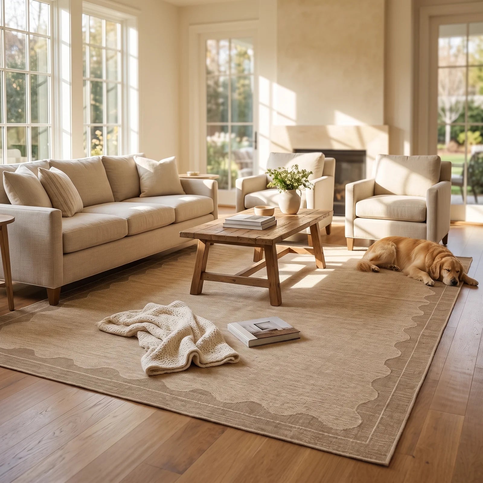 Orla Scalloped Tan Rug in an 8 by 10 size anchoring a living room seating group