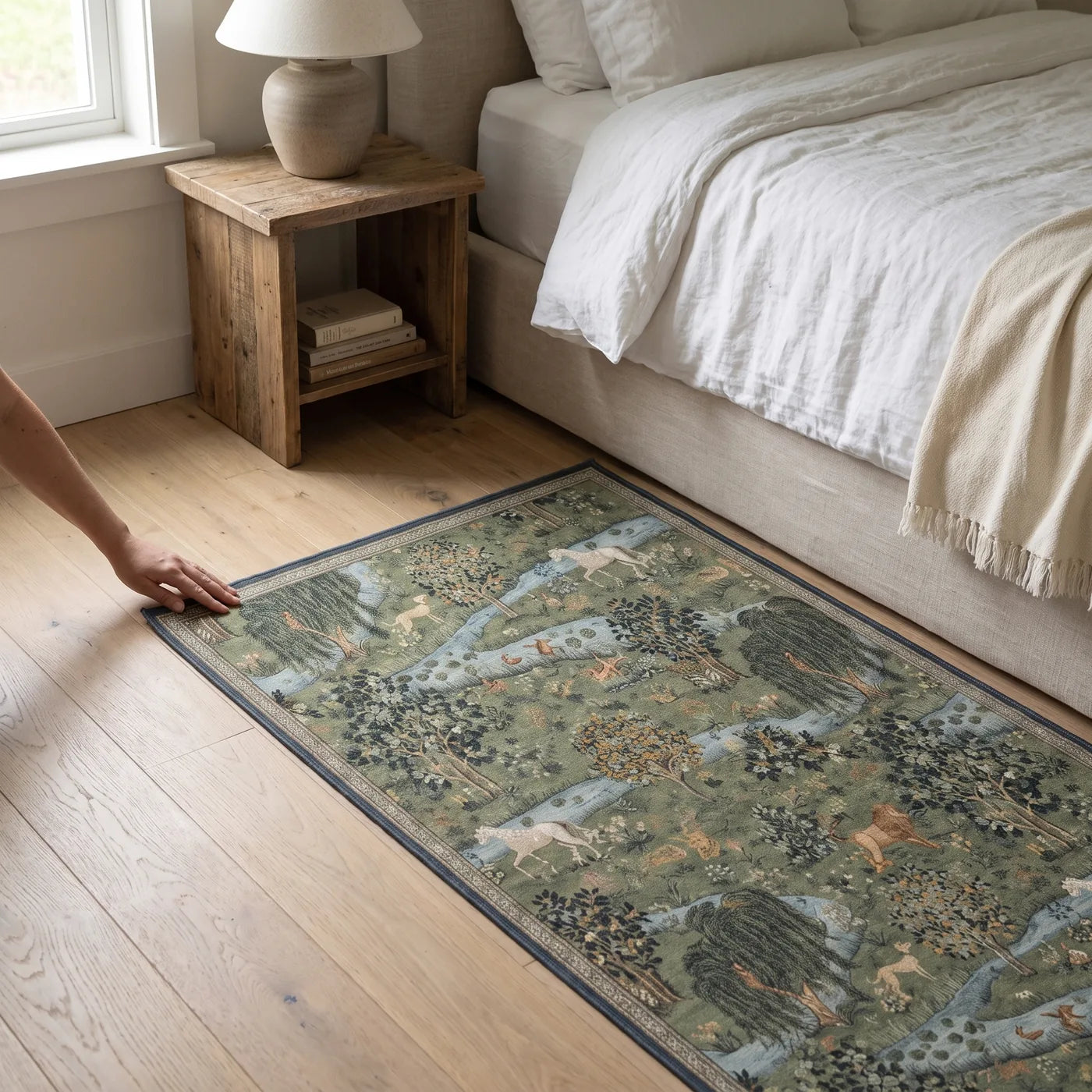 Owl & Willow Green Woodland Rug shown in a home