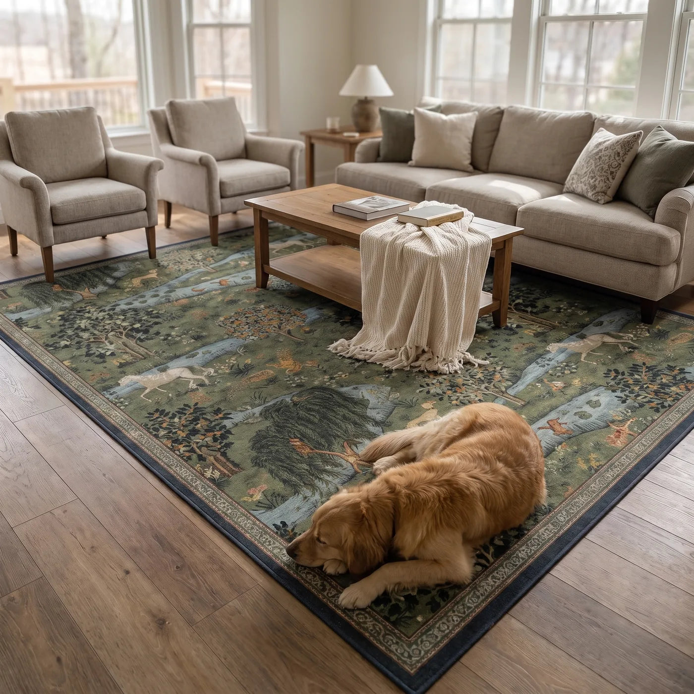 Owl & Willow Green Woodland Rug shown in a home