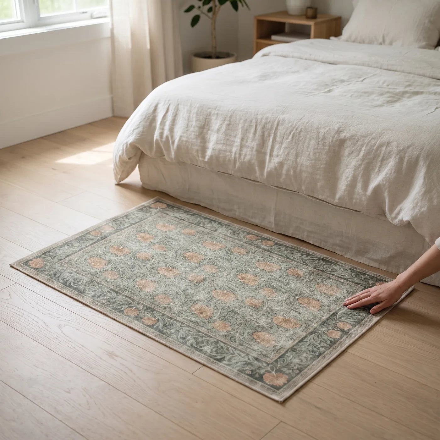 Pimpernel Jade Floral Rug shown in a home