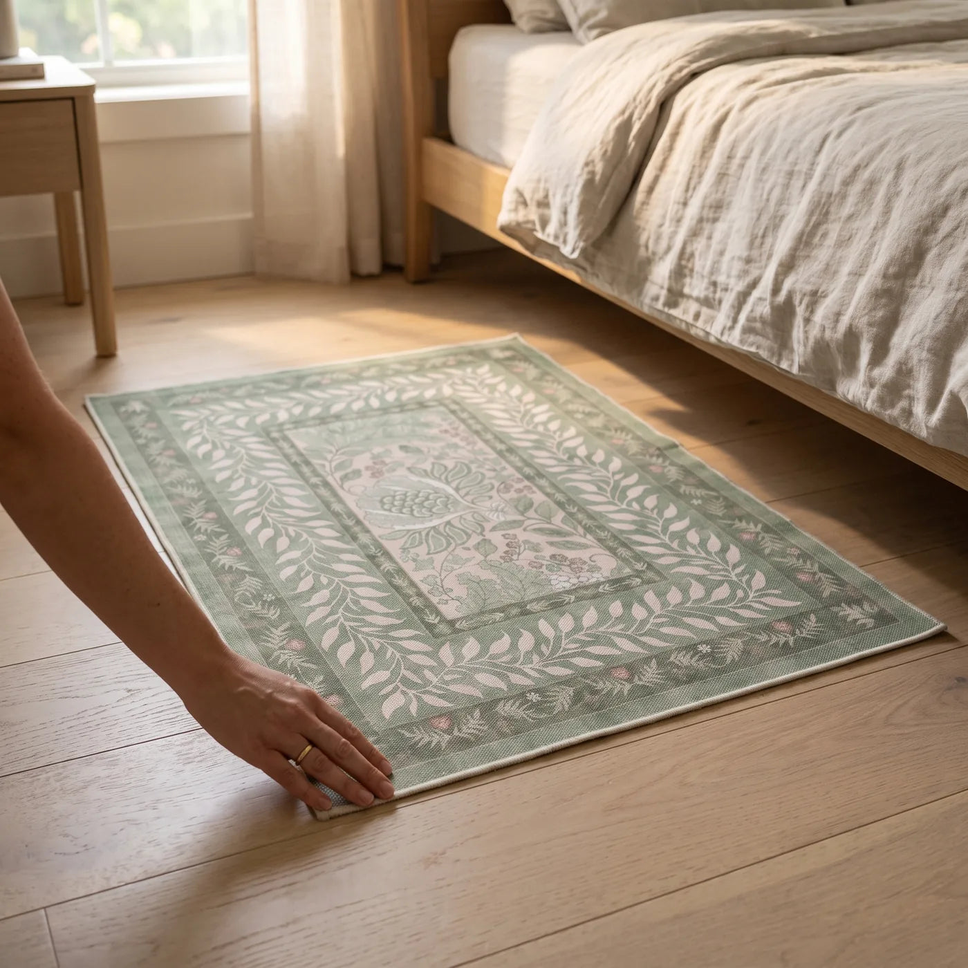 Provence Sage Bordered Rug shown in a home