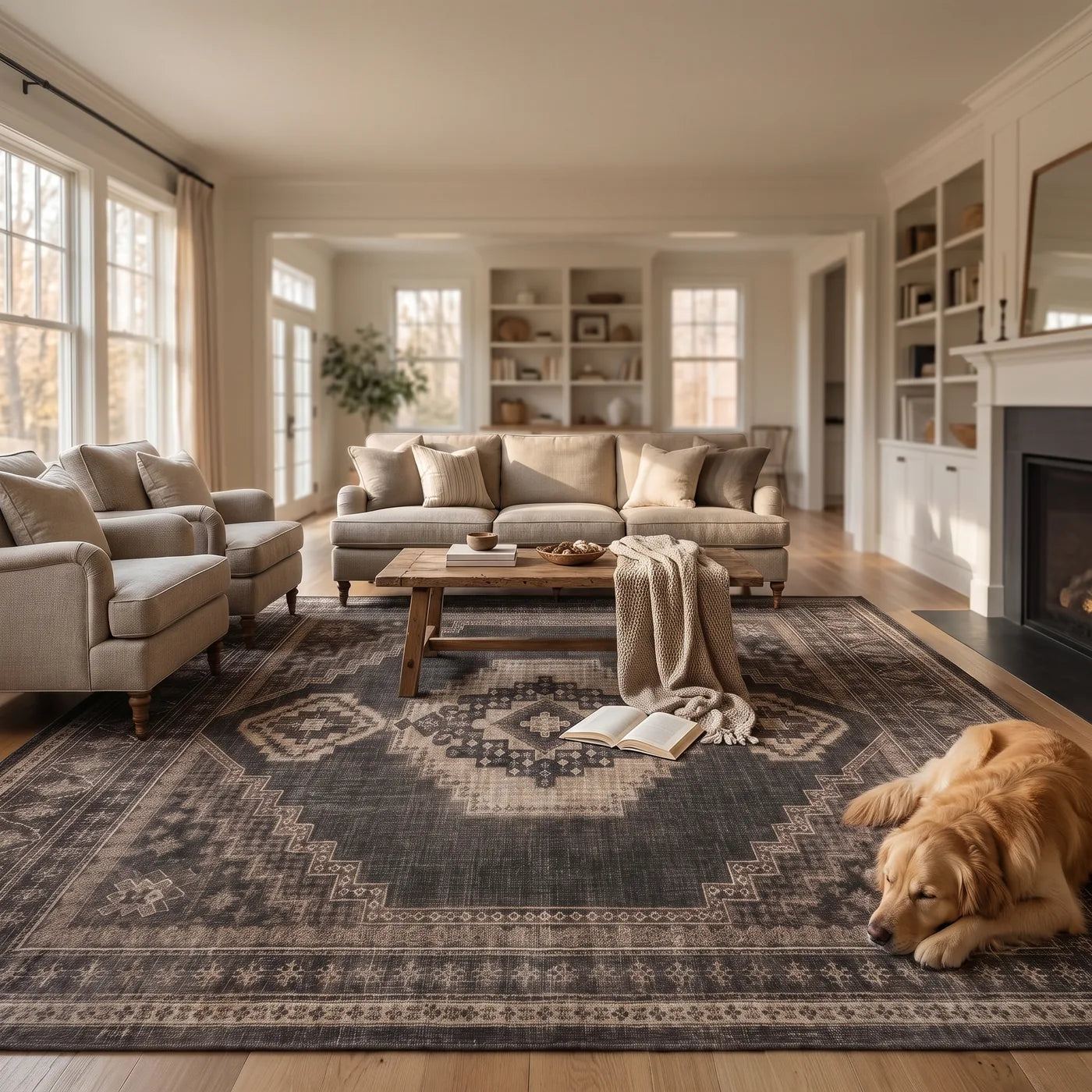 Rayne Charcoal & Tan Medallion Rug shown in a home