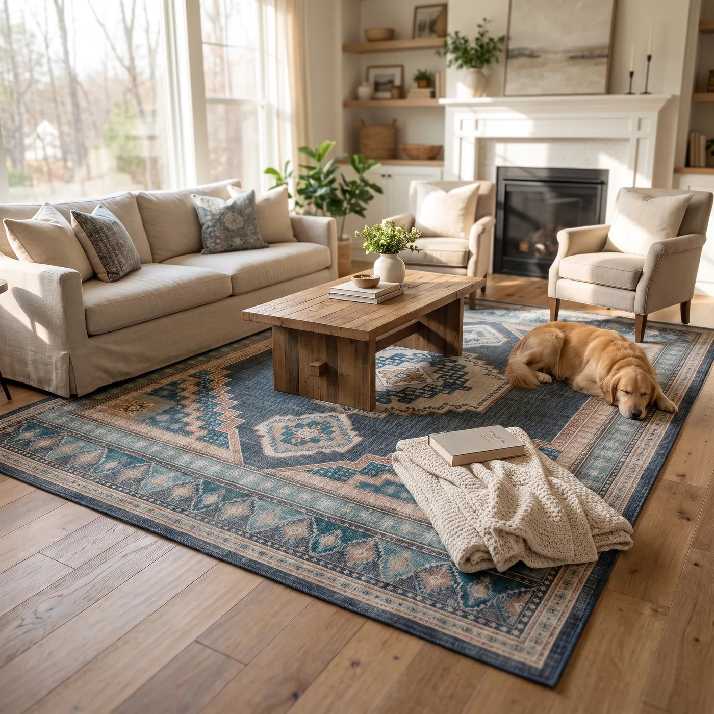 Rayne Soft Navy Medallion Rug shown in a home