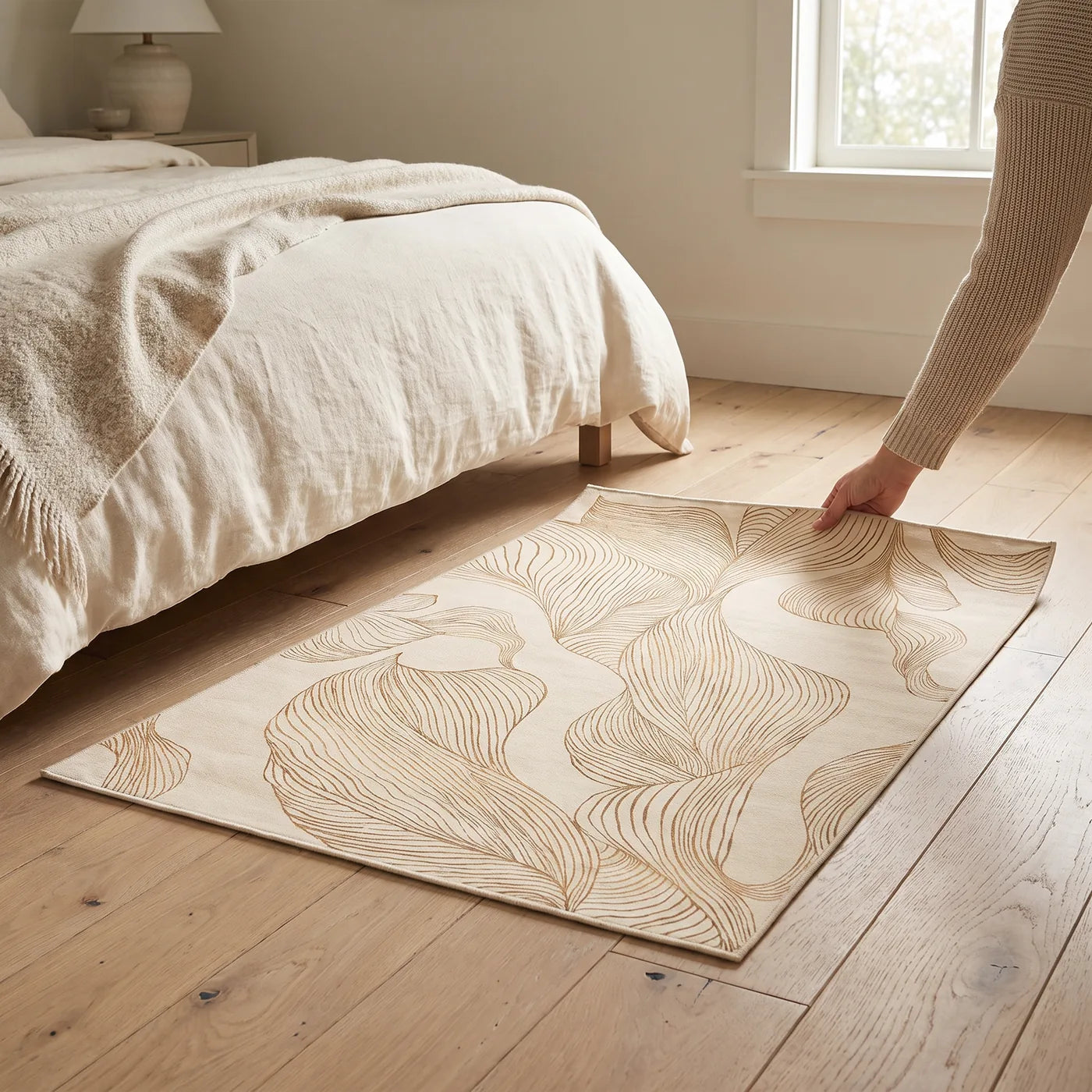 Sana Cream & Gold Botanical Rug shown in a home
