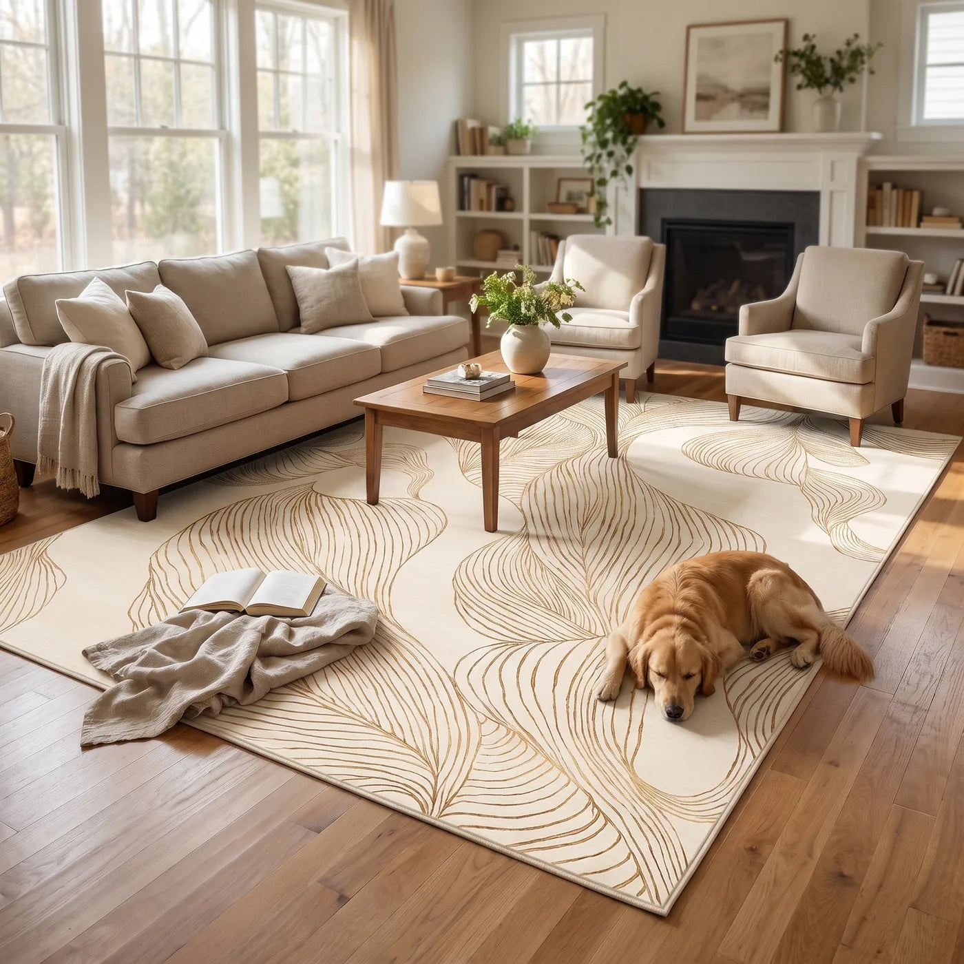Sana Cream & Gold Botanical Rug shown in a home
