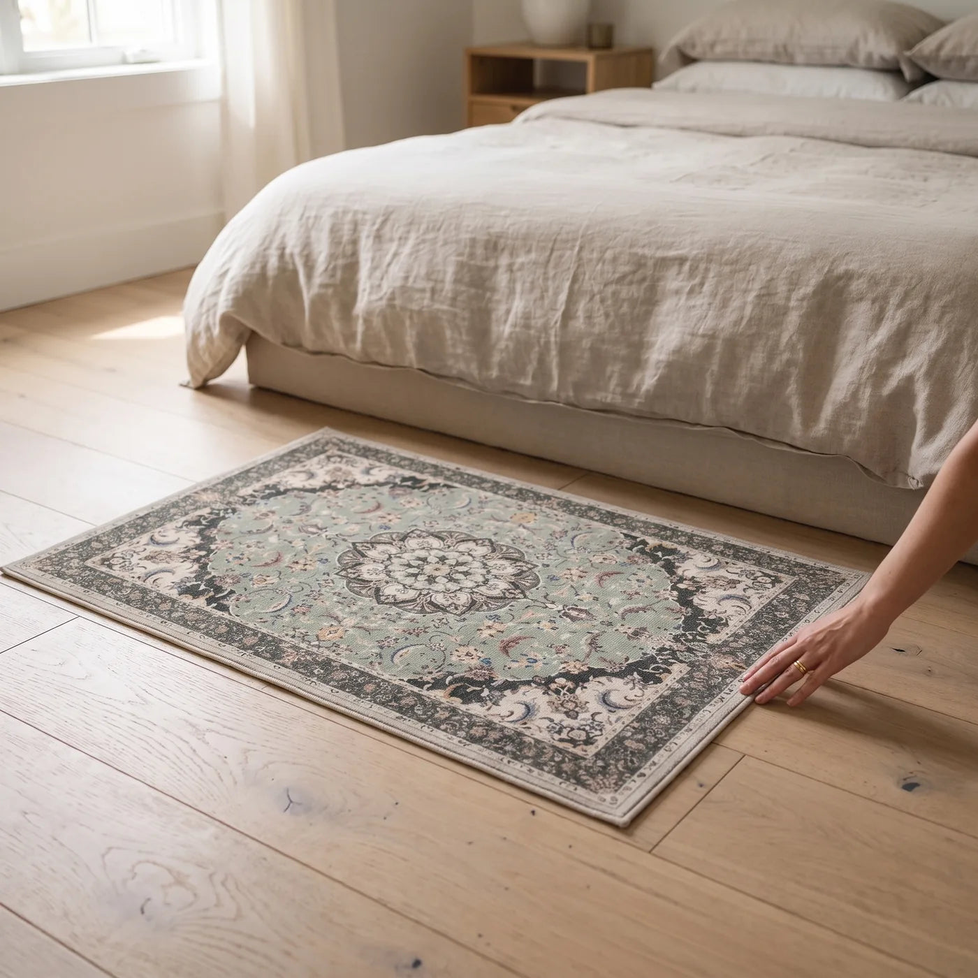 Sima Sage Leaf Rug shown in a home