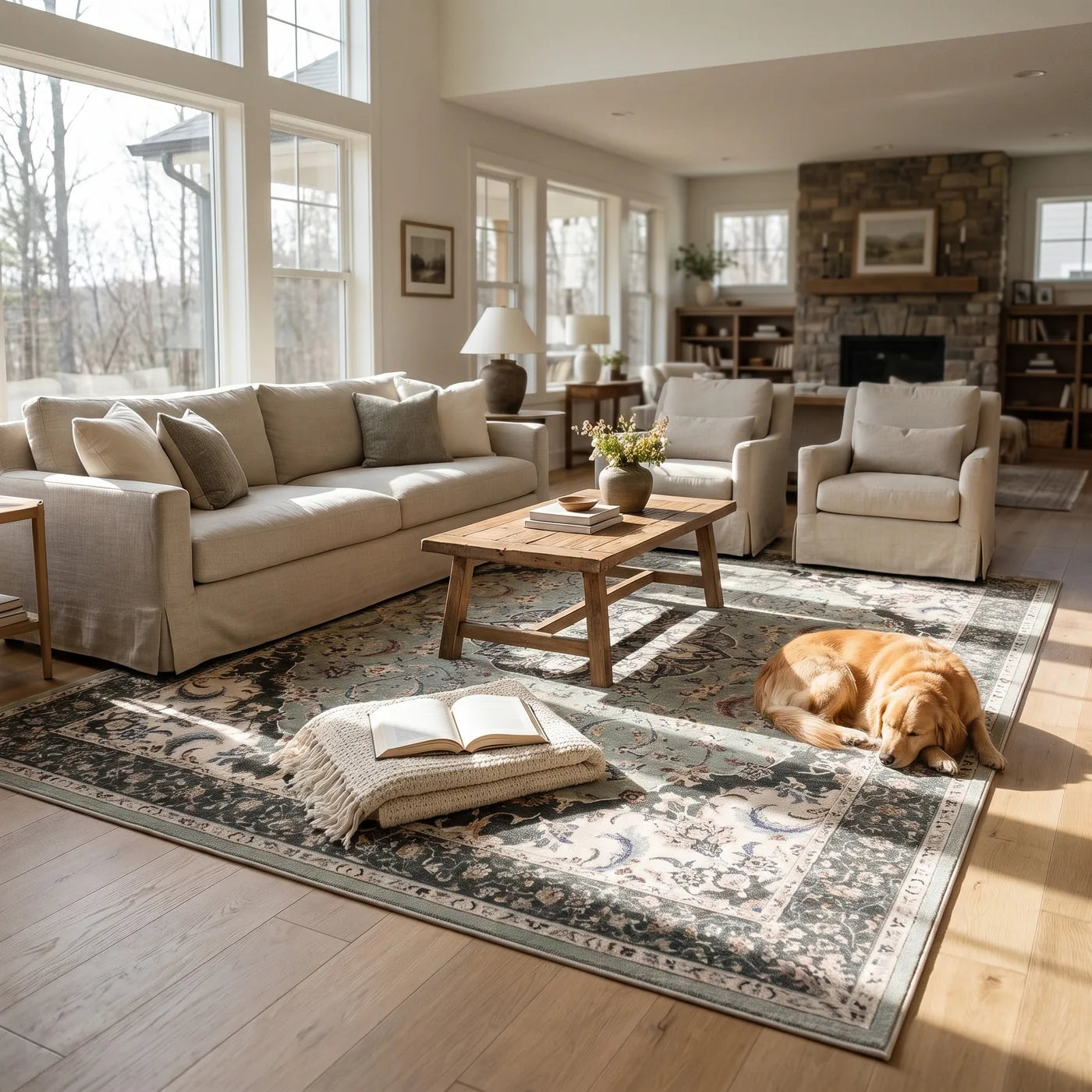 Sima Sage Leaf Rug shown in a home