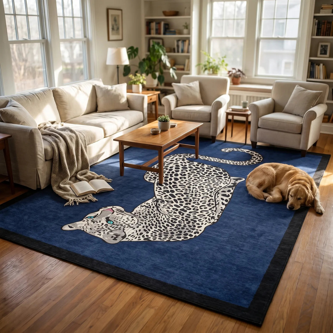 Snow Leopard Sapphire Blue Rug shown in a home