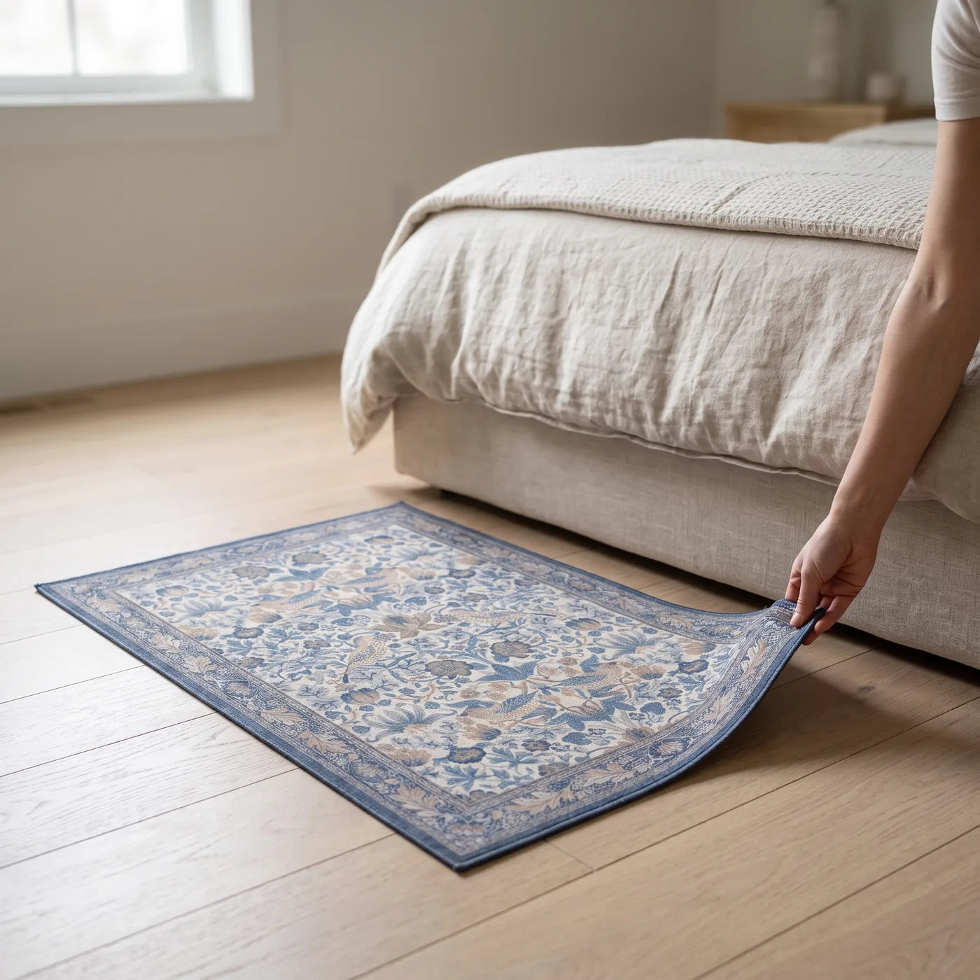 Strawberry Thief Indigo & Ivory Rug shown in a home