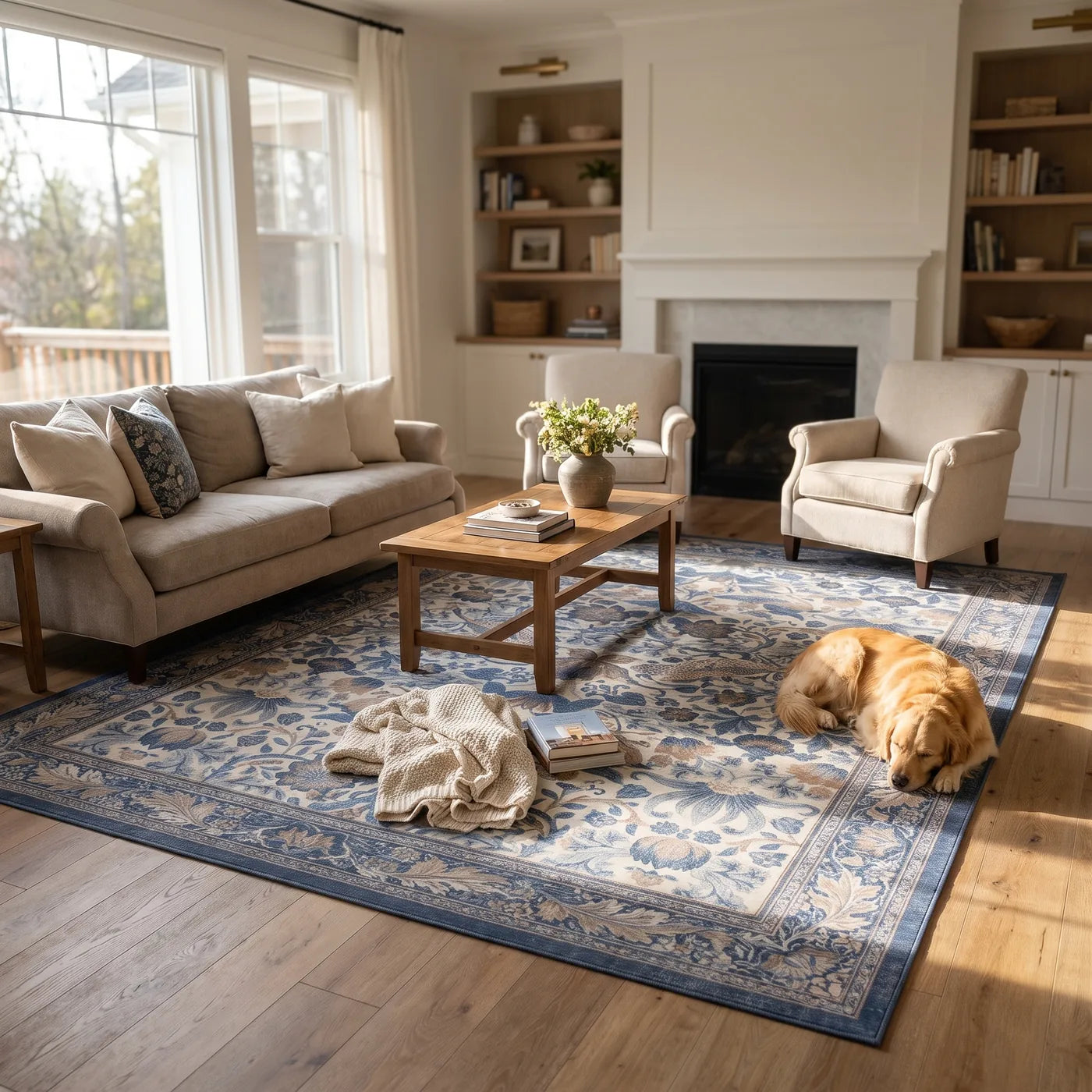 Strawberry Thief Indigo & Ivory Rug shown in a home