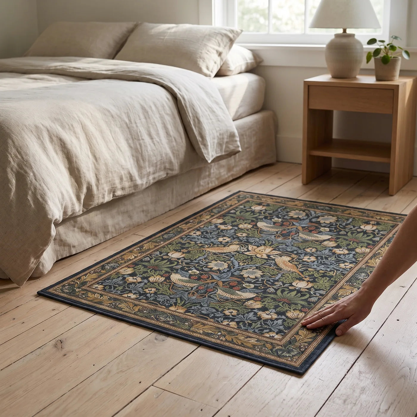 Strawberry Thief Indigo Bird Rug shown in a home