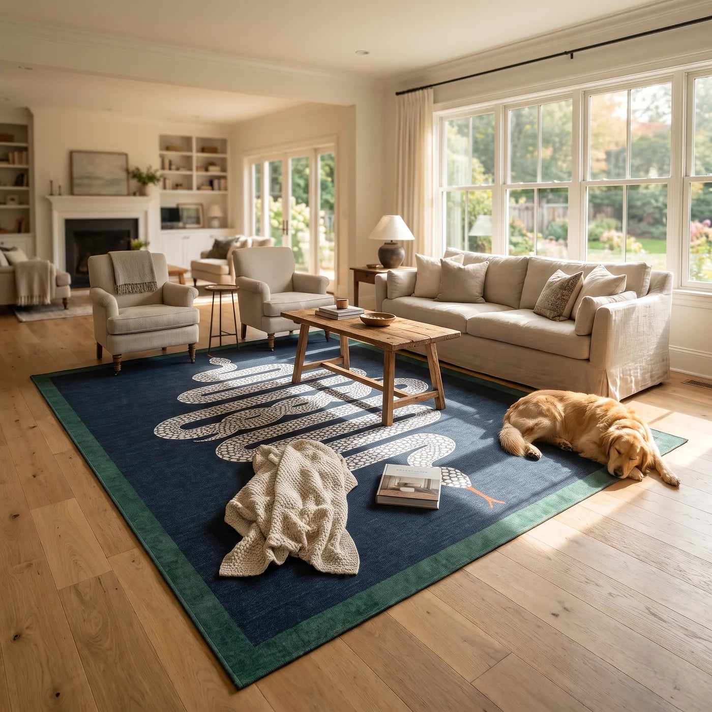 Venom Sapphire Serpent Rug shown in a home