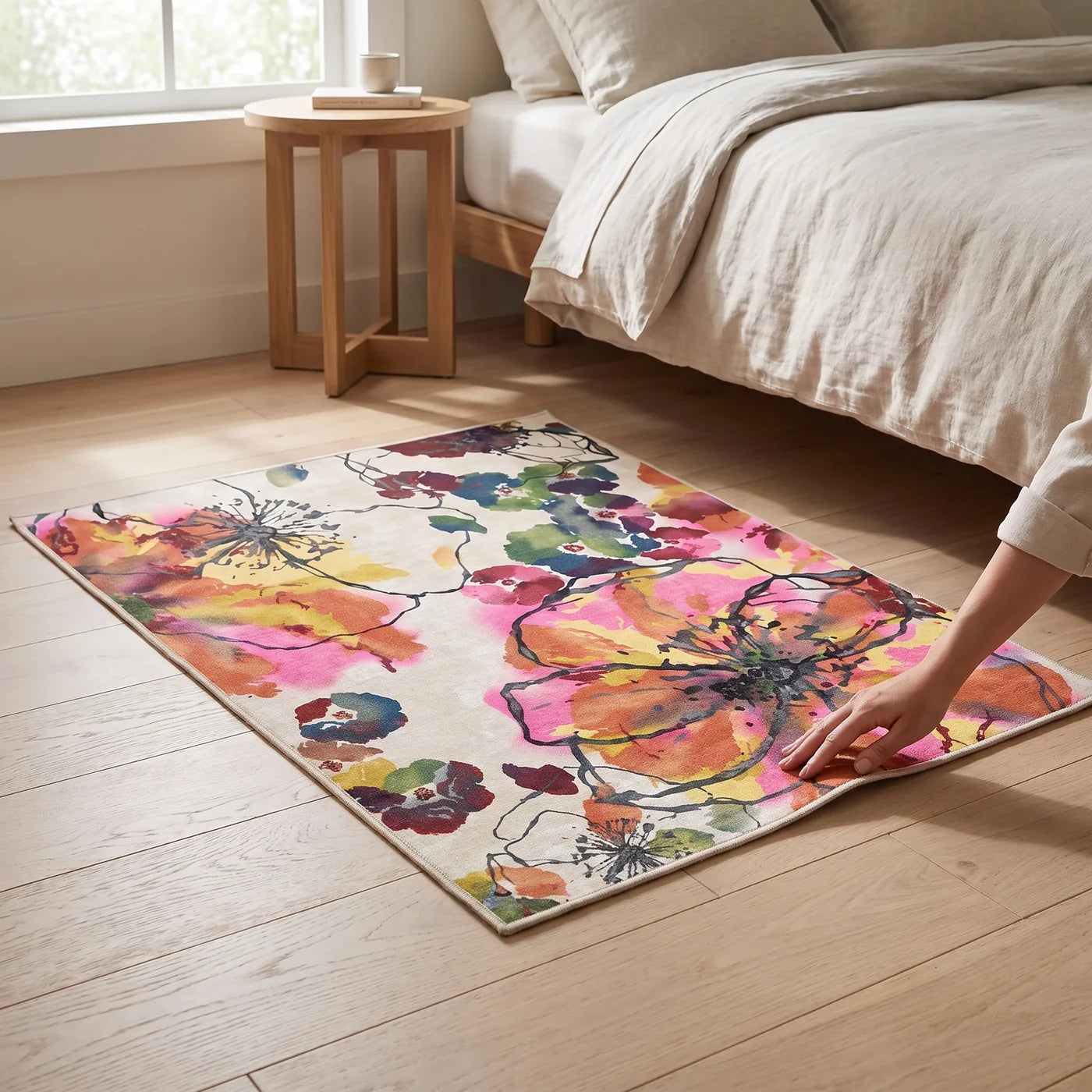 Watercolor Floral Multicolor Rug shown in a home