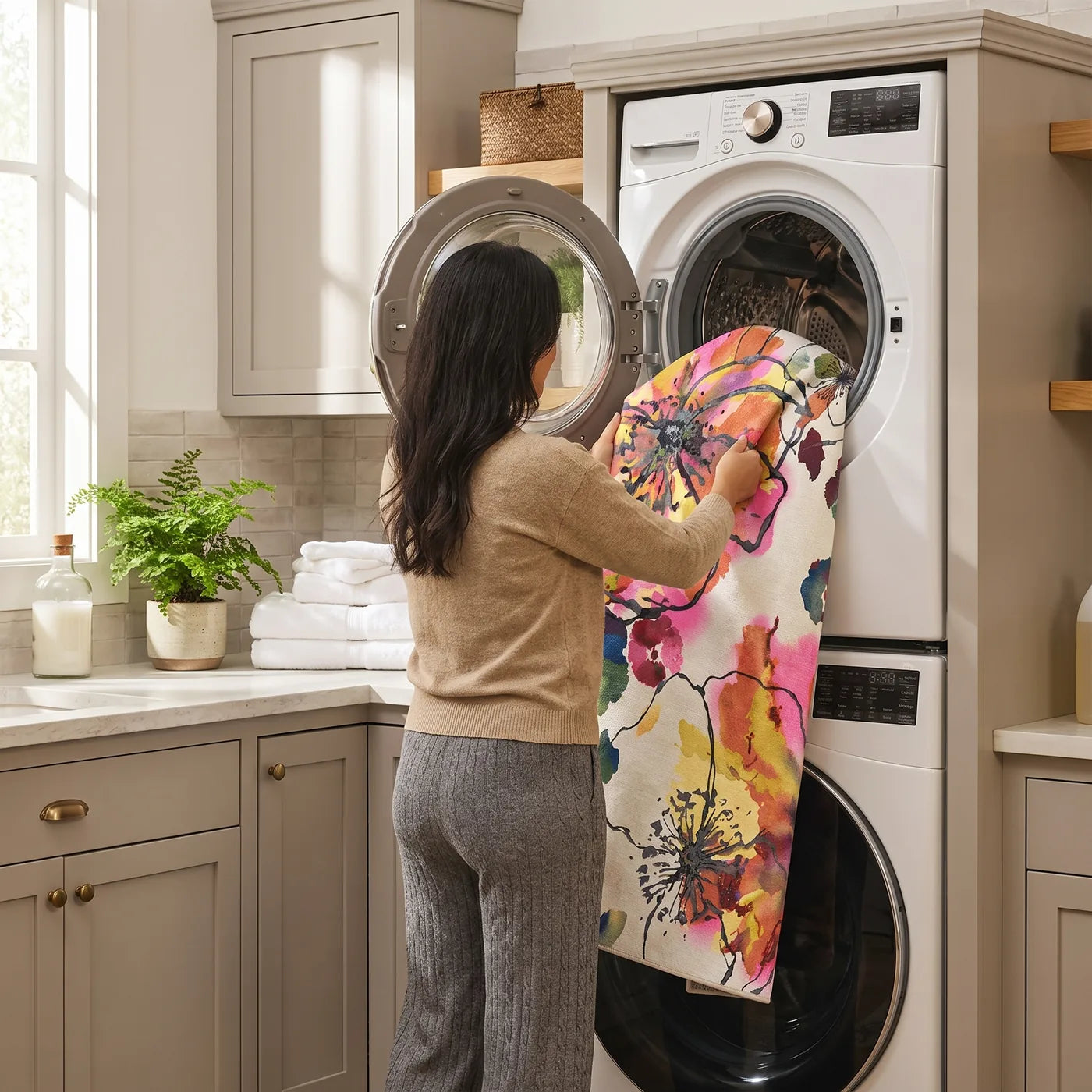 Watercolor Floral Multicolor Rug shown in a home