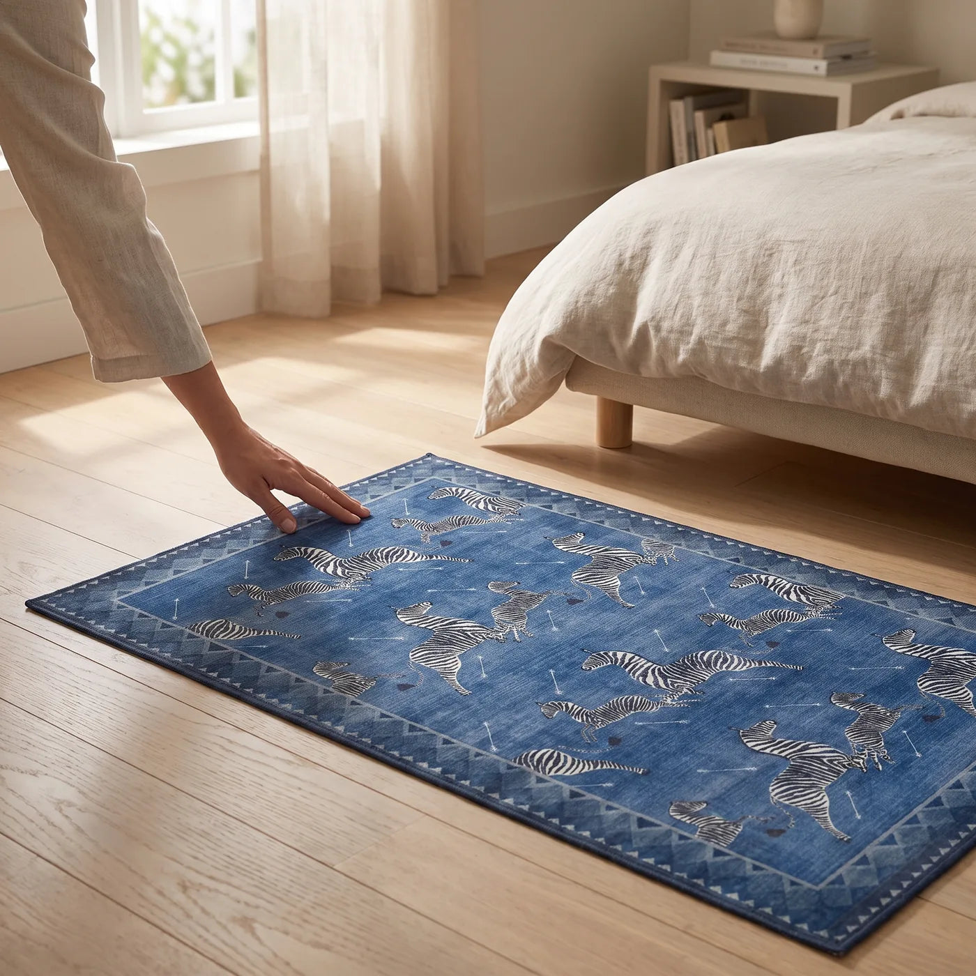 Zebras Blue Animal Print Rug shown in a home