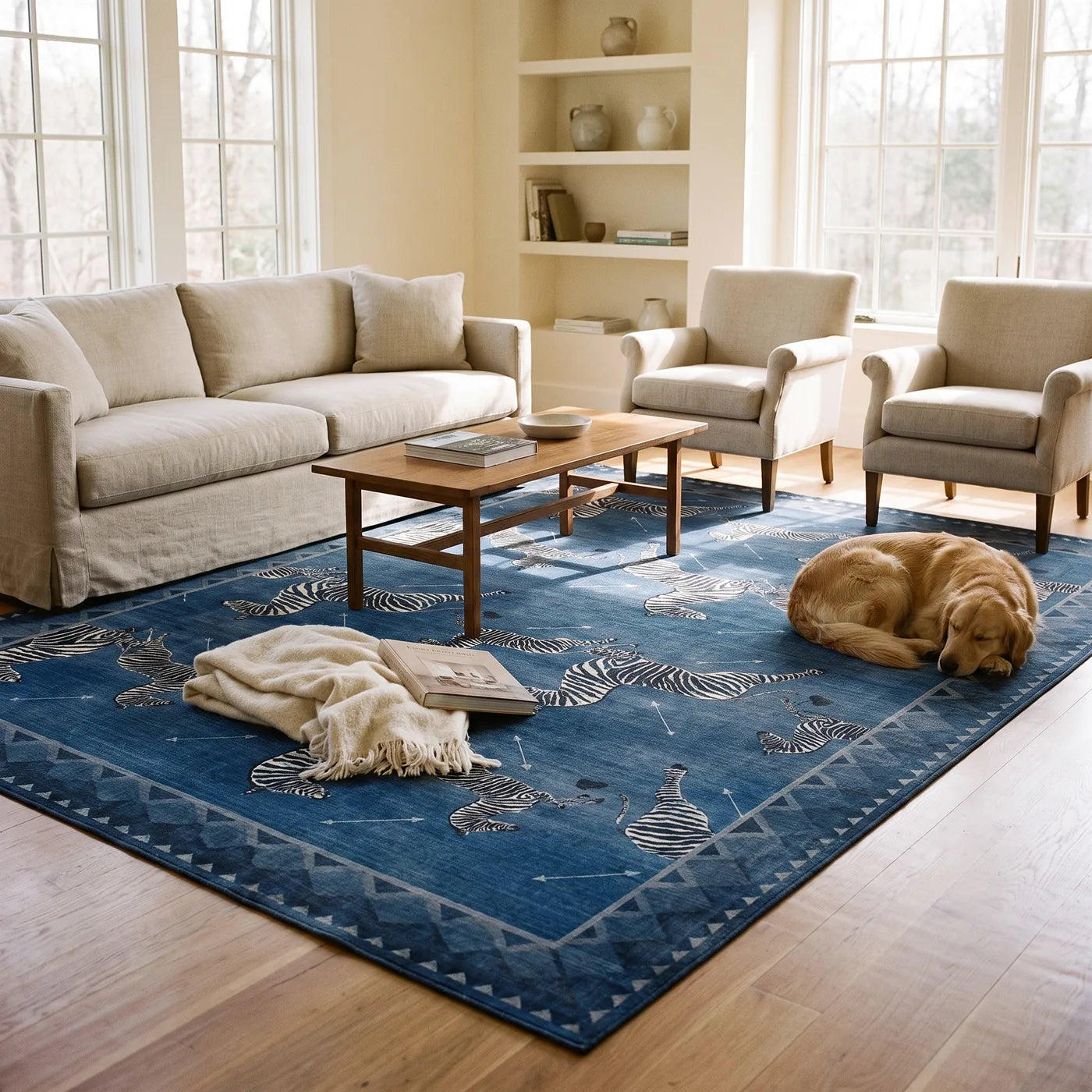 Zebras Blue Animal Print Rug shown in a home