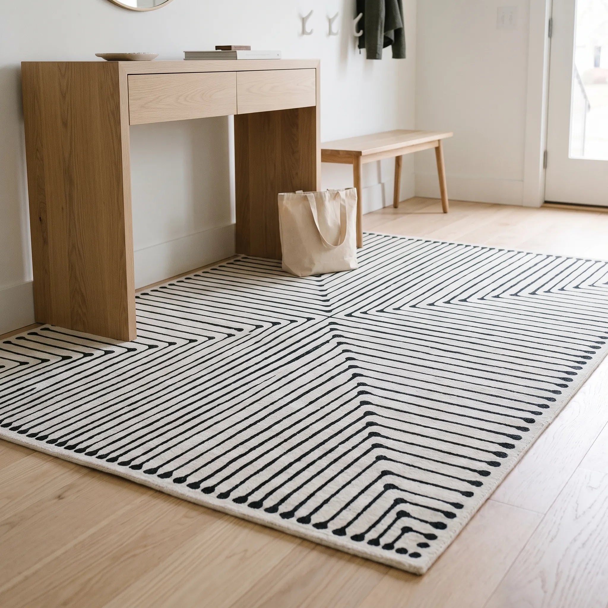 Inkdrop Black and Ivory Rug in an entryway