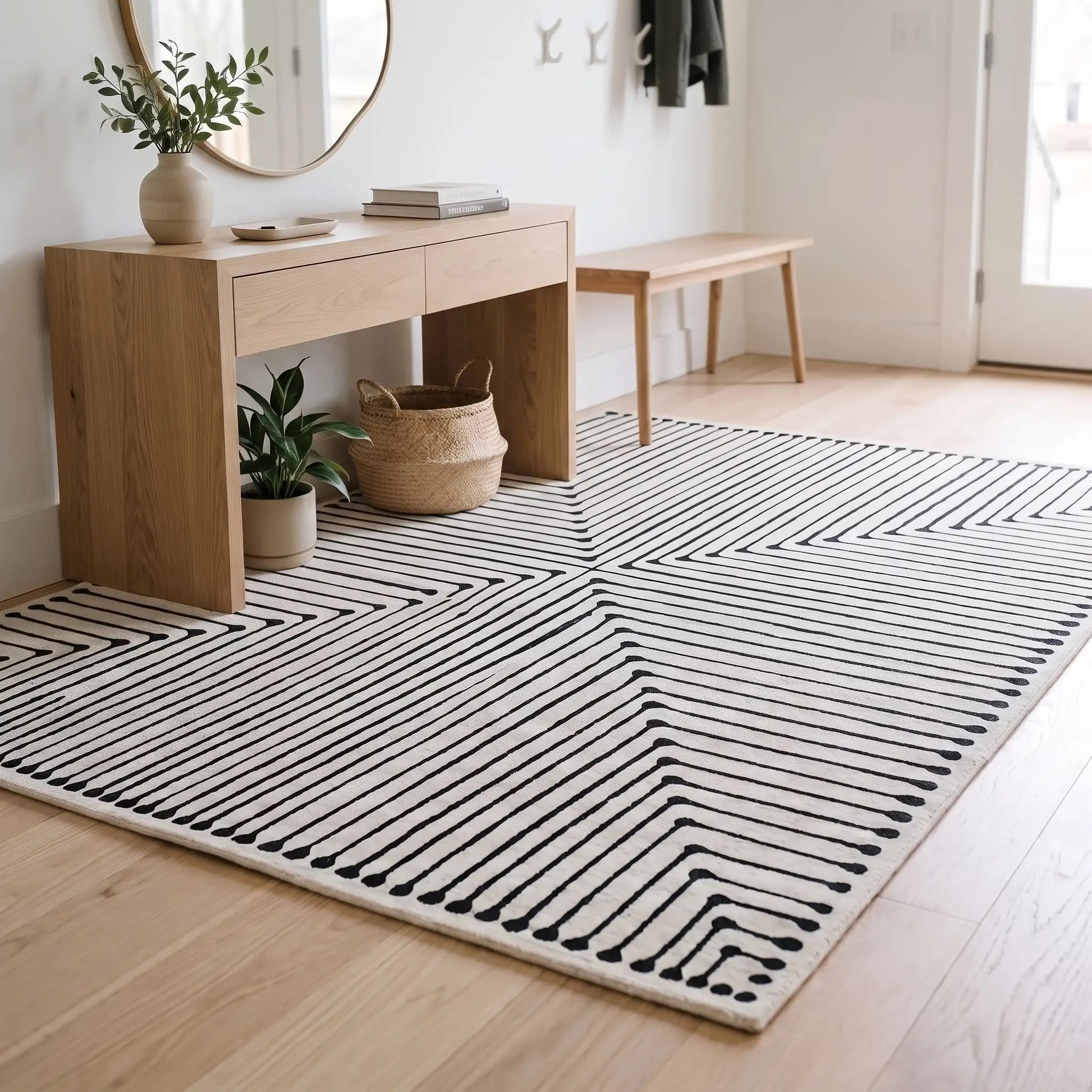 Inkdrop Black and Ivory Striped Rug in an entryway