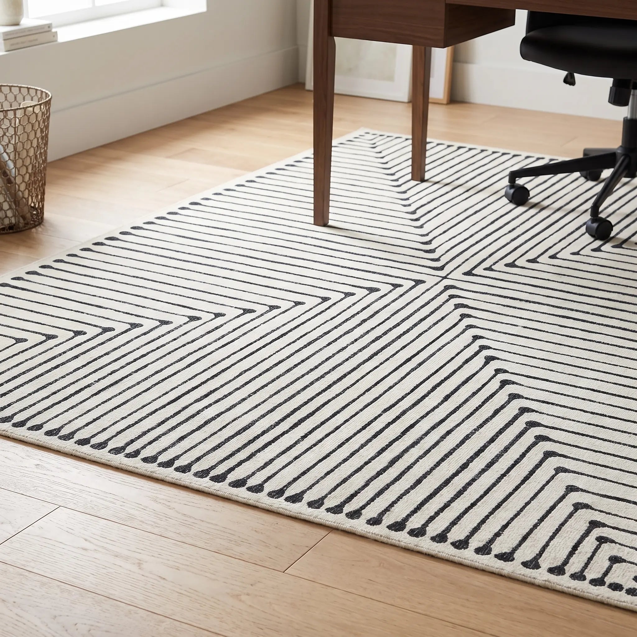 Inkdrop Black and Ivory Rug in a home office