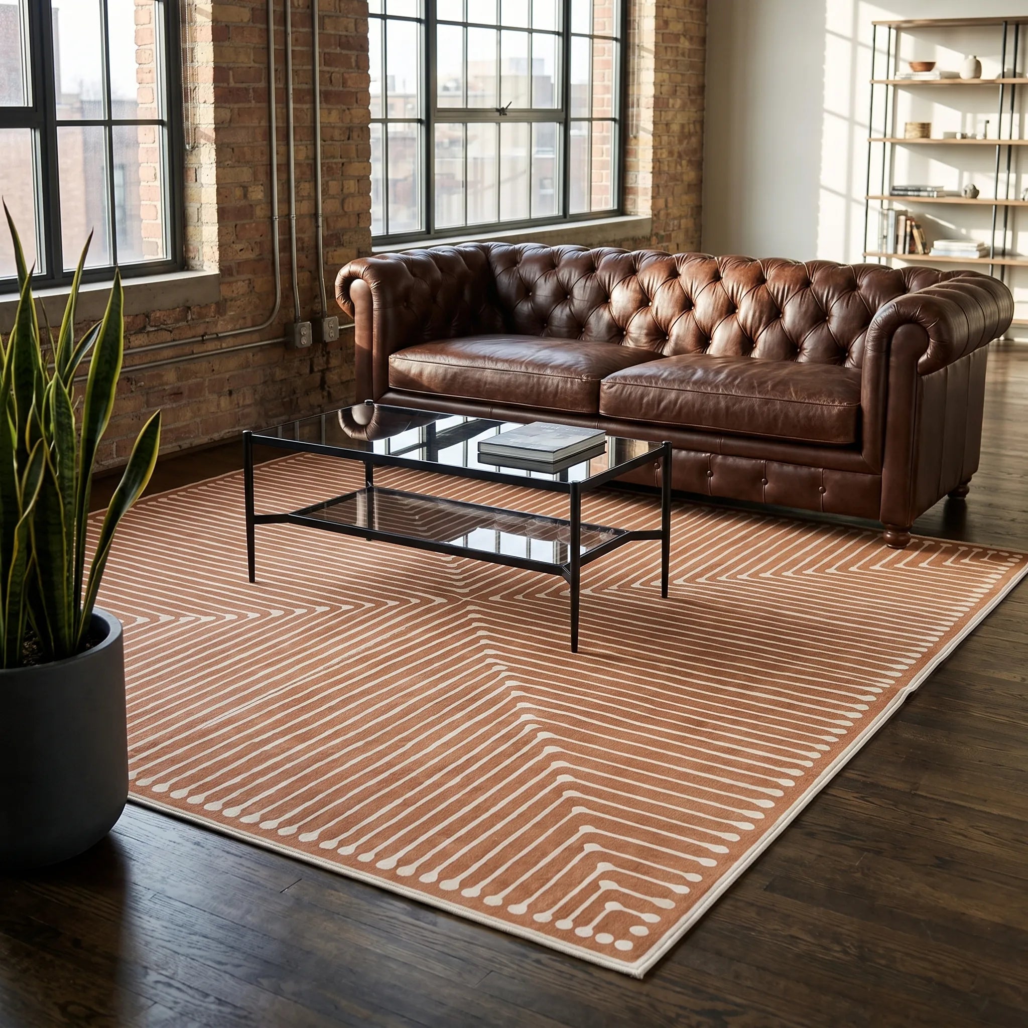 Inkdrop Copper Rug in a living room