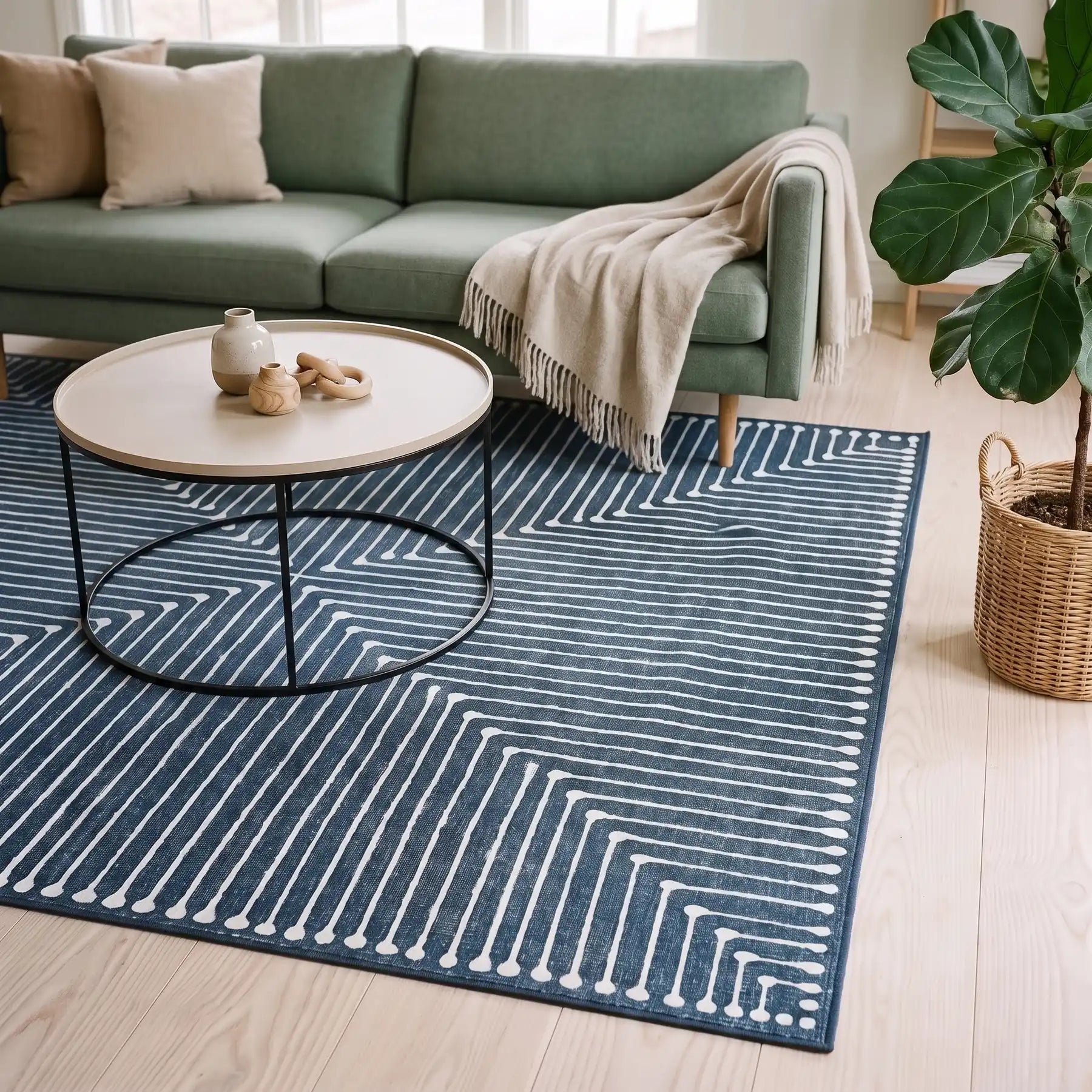 Inkdrop Lapis Blue Striped Rug in a living room