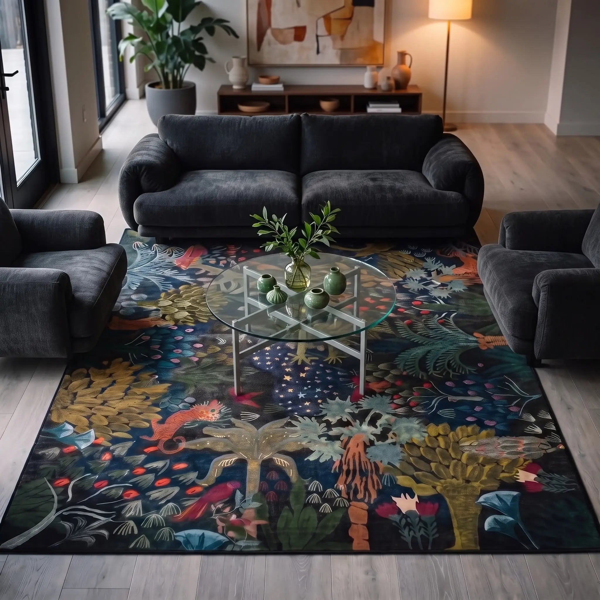Josephine Midnight Jungle Rug in a living room