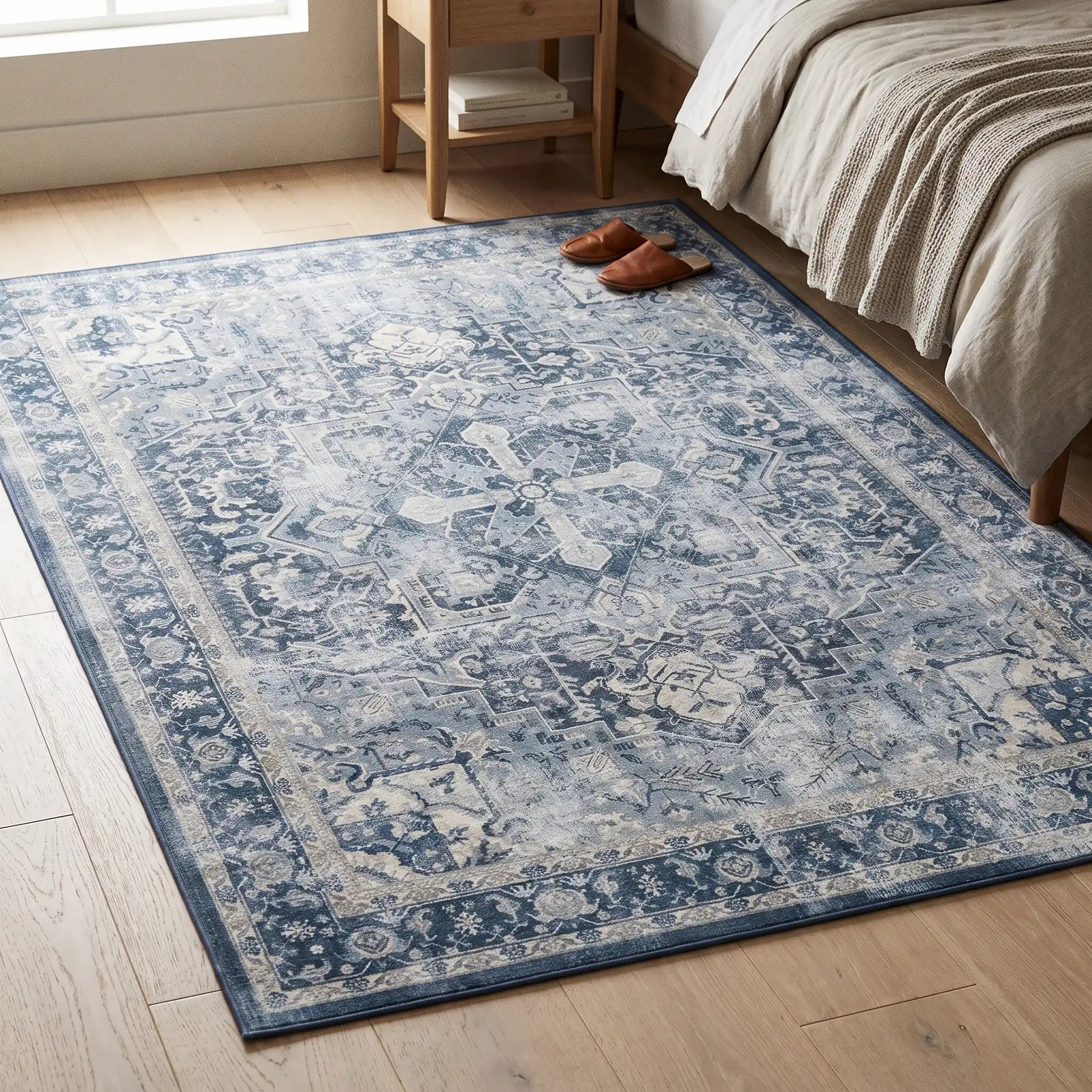Kamran Admiral Blue Rug in a bedroom