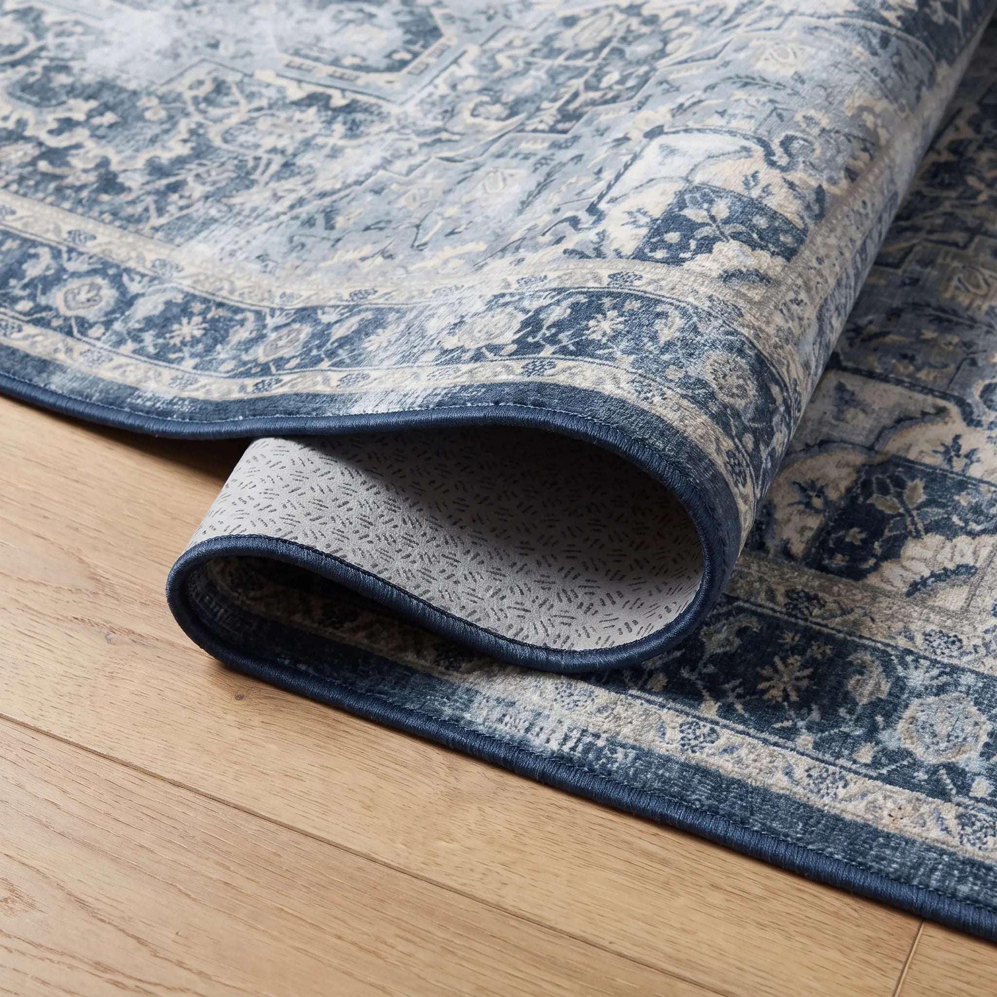 Kamran Admiral Blue Rug folded corner detail