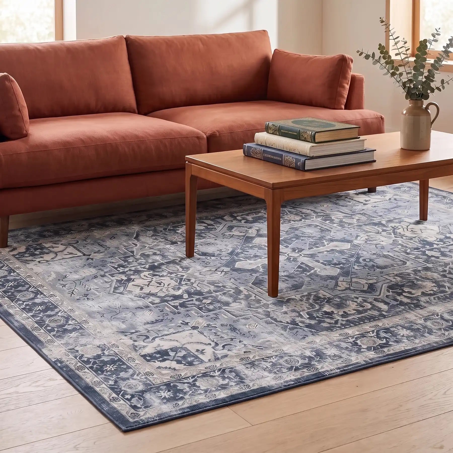 Kamran Admiral Blue Medallion Rug in a living room