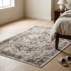 Kamran Hazel Rug in a bedroom
