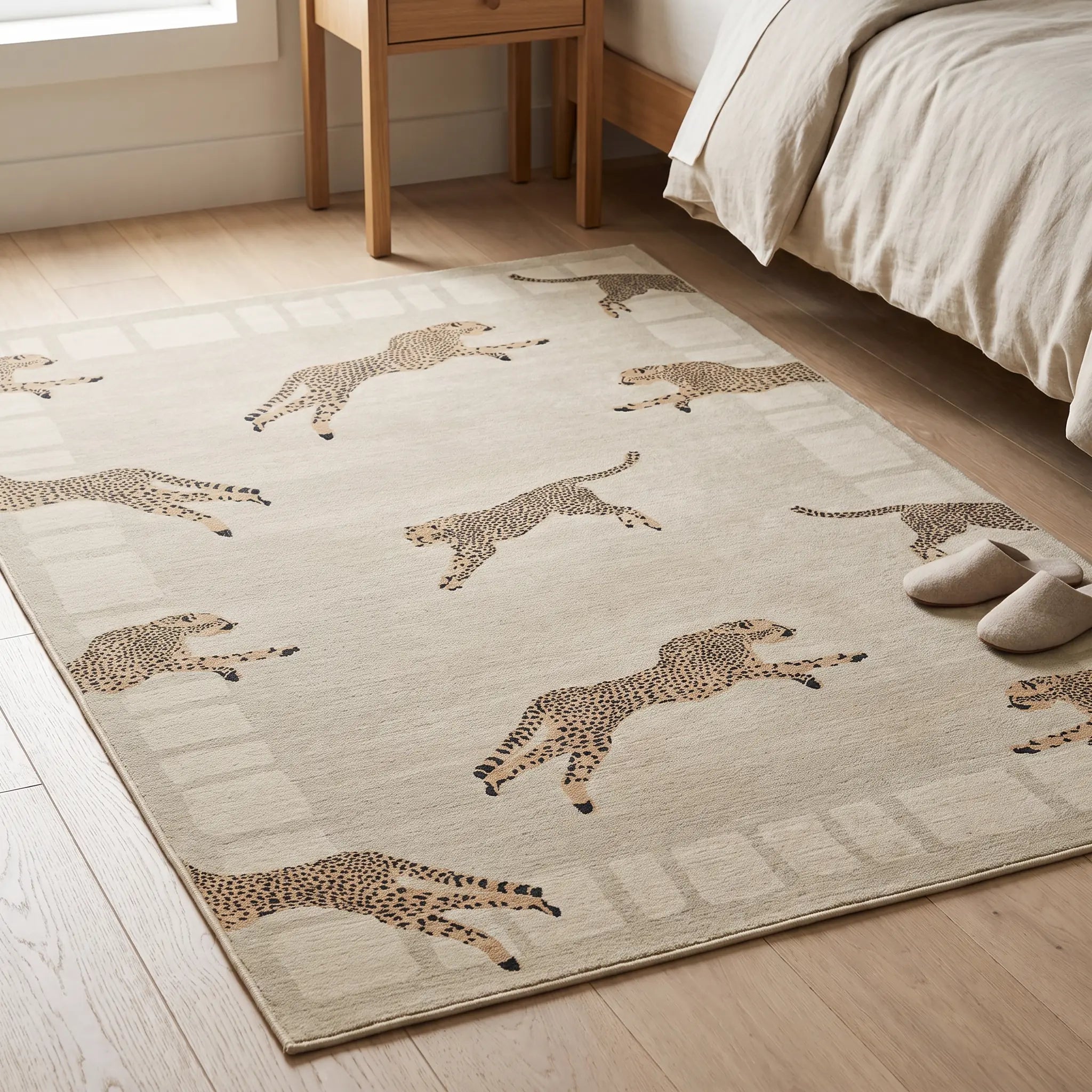 Leaping Cheetah Sand Rug in a bedroom