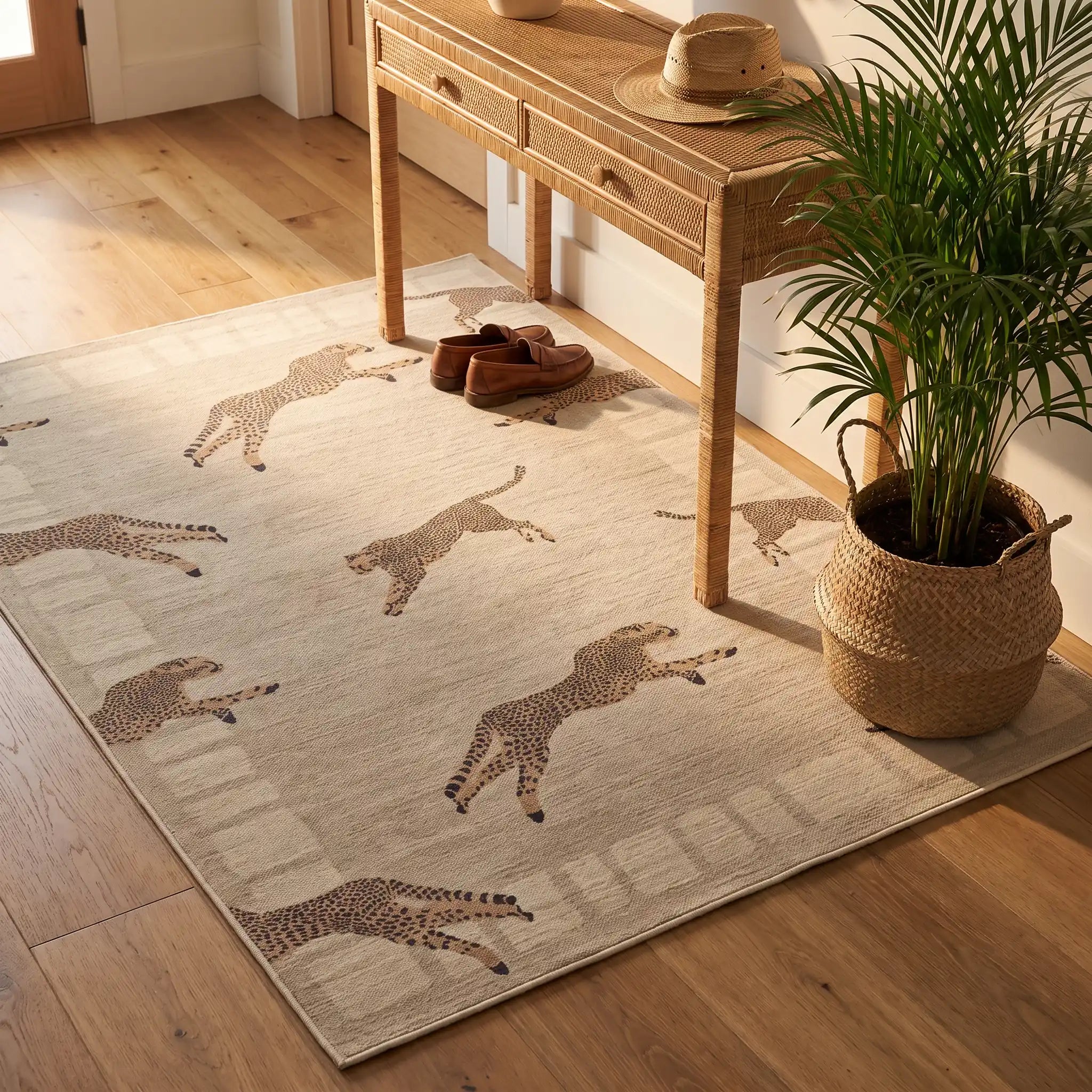Leaping Cheetah Sand Rug in an entryway