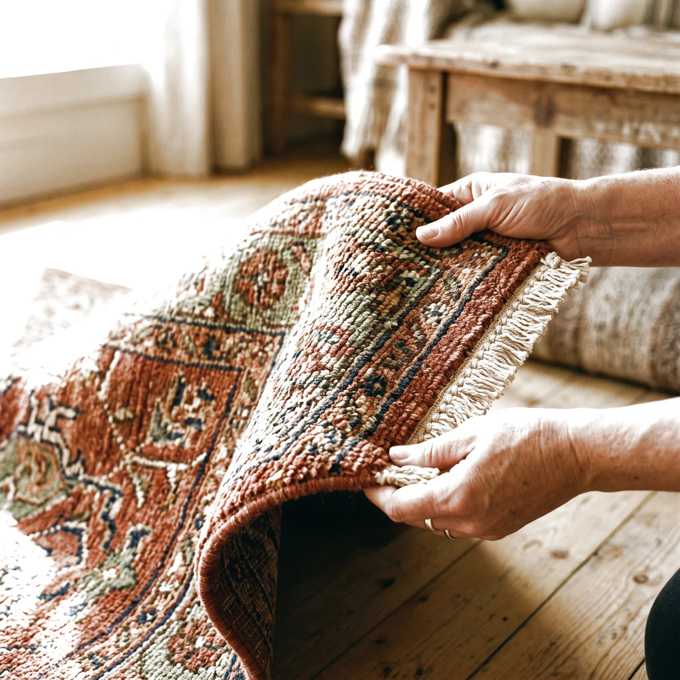 Hands lifting the corner of a terracotta and sage patterned rug, close enough to see the dense pile and the bound edge