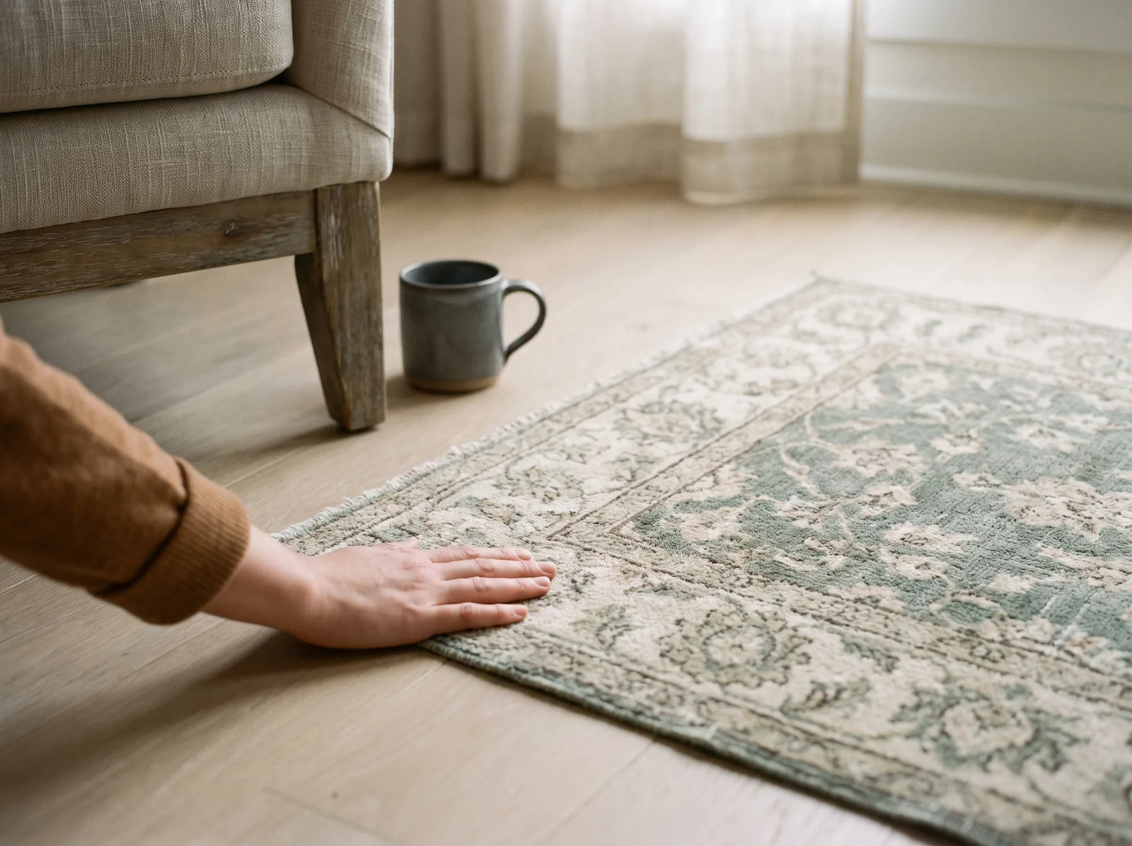 Une main lissant la surface d'un tapis lavable couleur sauge à côté d'un fauteuil en lin