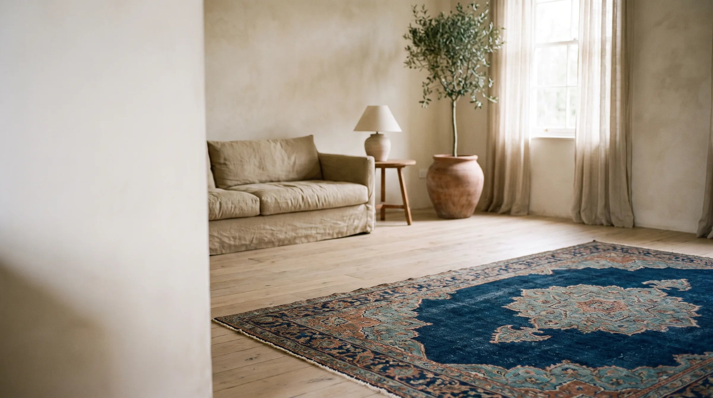 Un tapis médaillon bleu marine de style vintage sur un parquet en chêne clair dans un salon chaleureux et ensoleillé