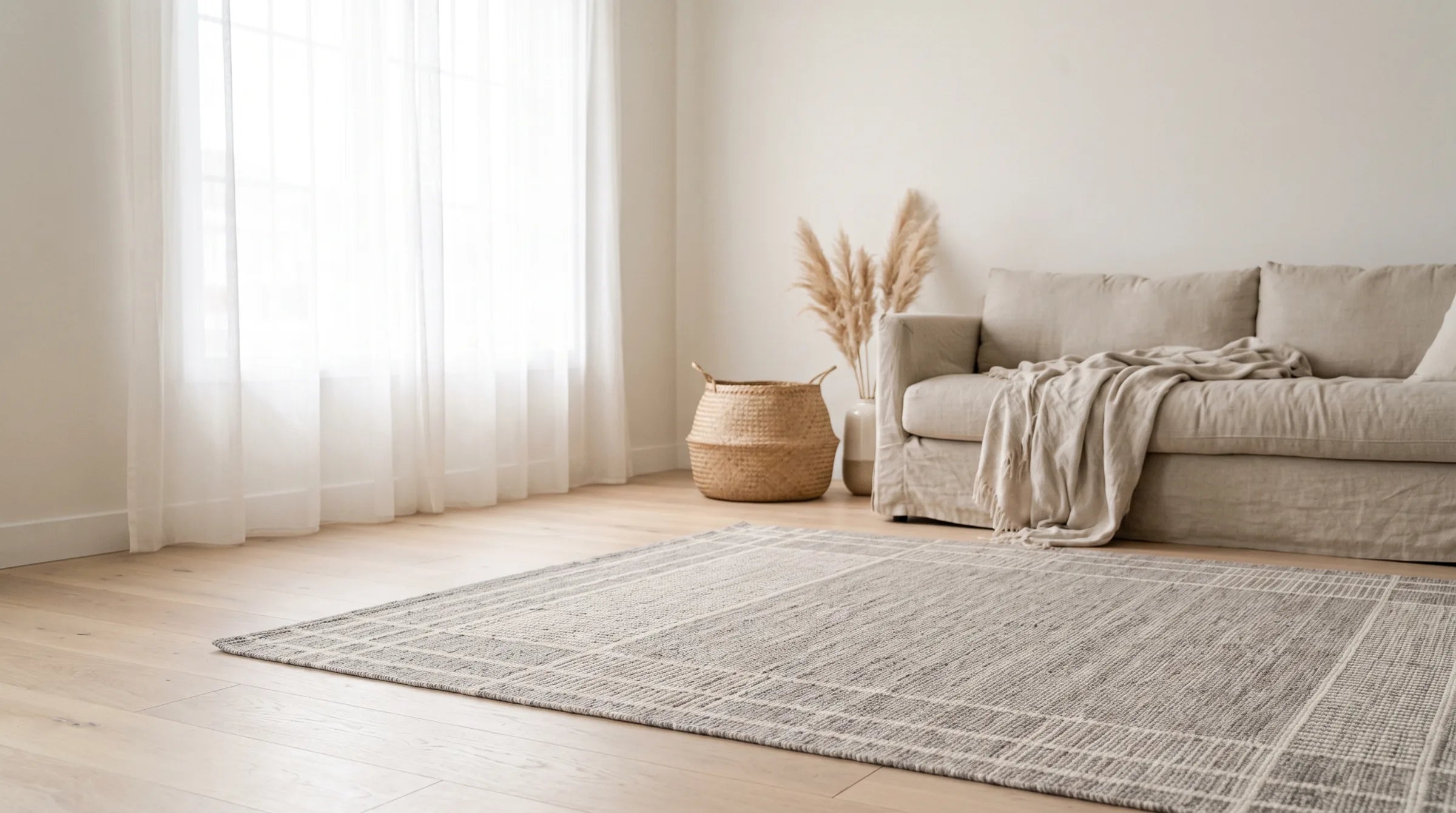 Un tapis lavable gris pierre ancrant une pièce lumineuse et aérée avec des voilages