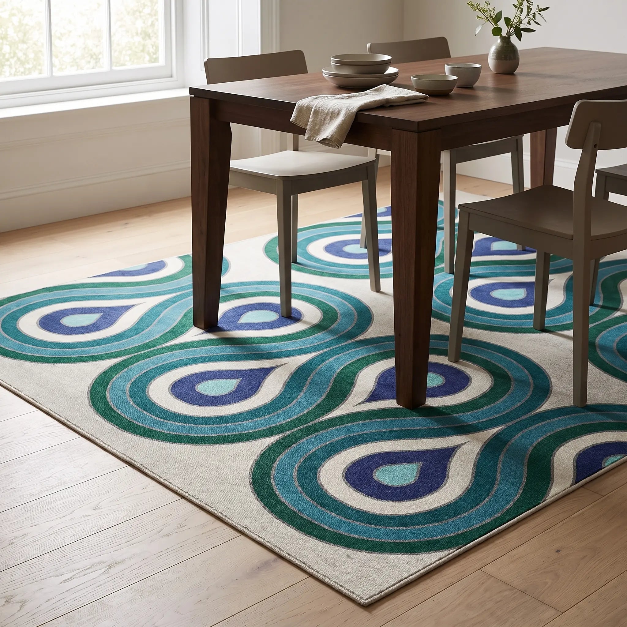 Milano Peacock Rug in a dining room