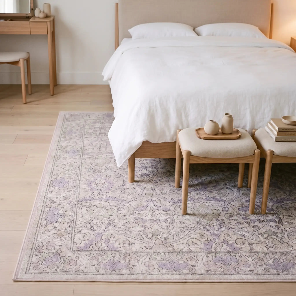Montreal Beige and Lilac Floral Rug in a bedroom