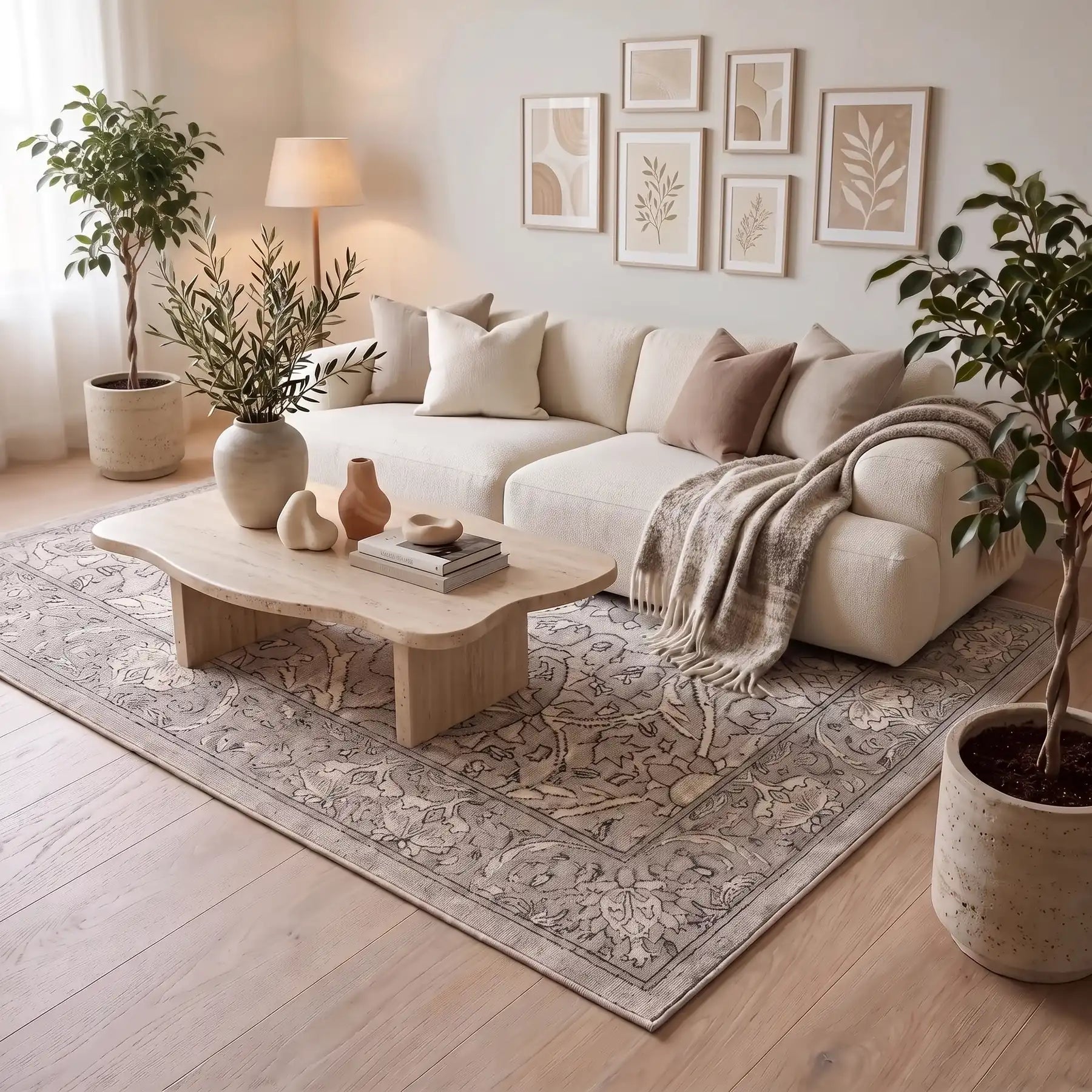 Montreal Natural Stone Floral Rug in a living room