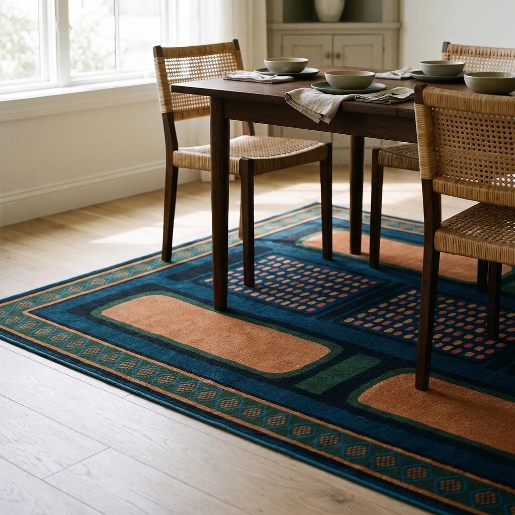 Nerissa Teal and Gold Rug in a dining room