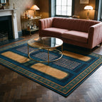 Nerissa Teal and Gold Rug in a living room