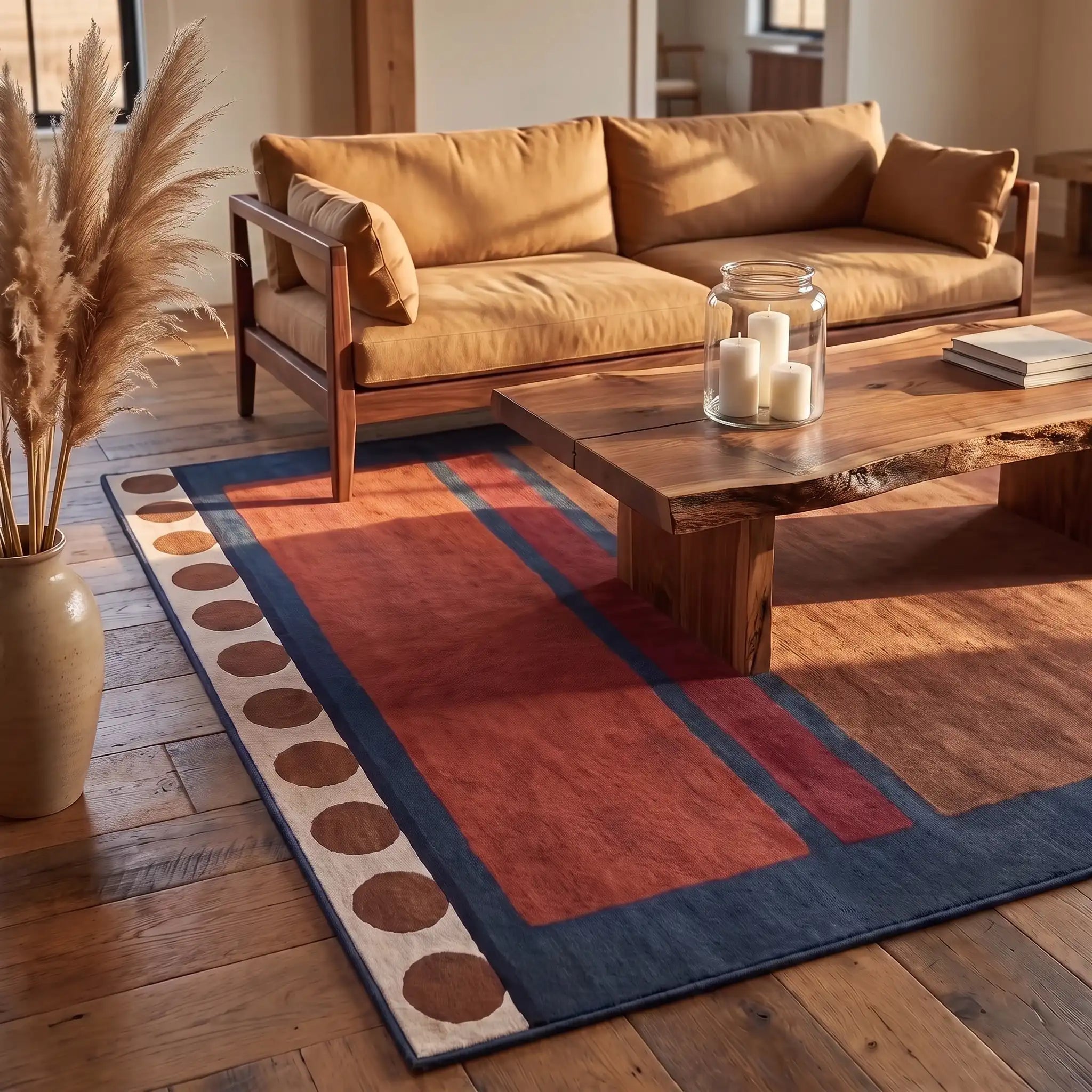 Nina Indigo and Rust Abstract Rug in a living room
