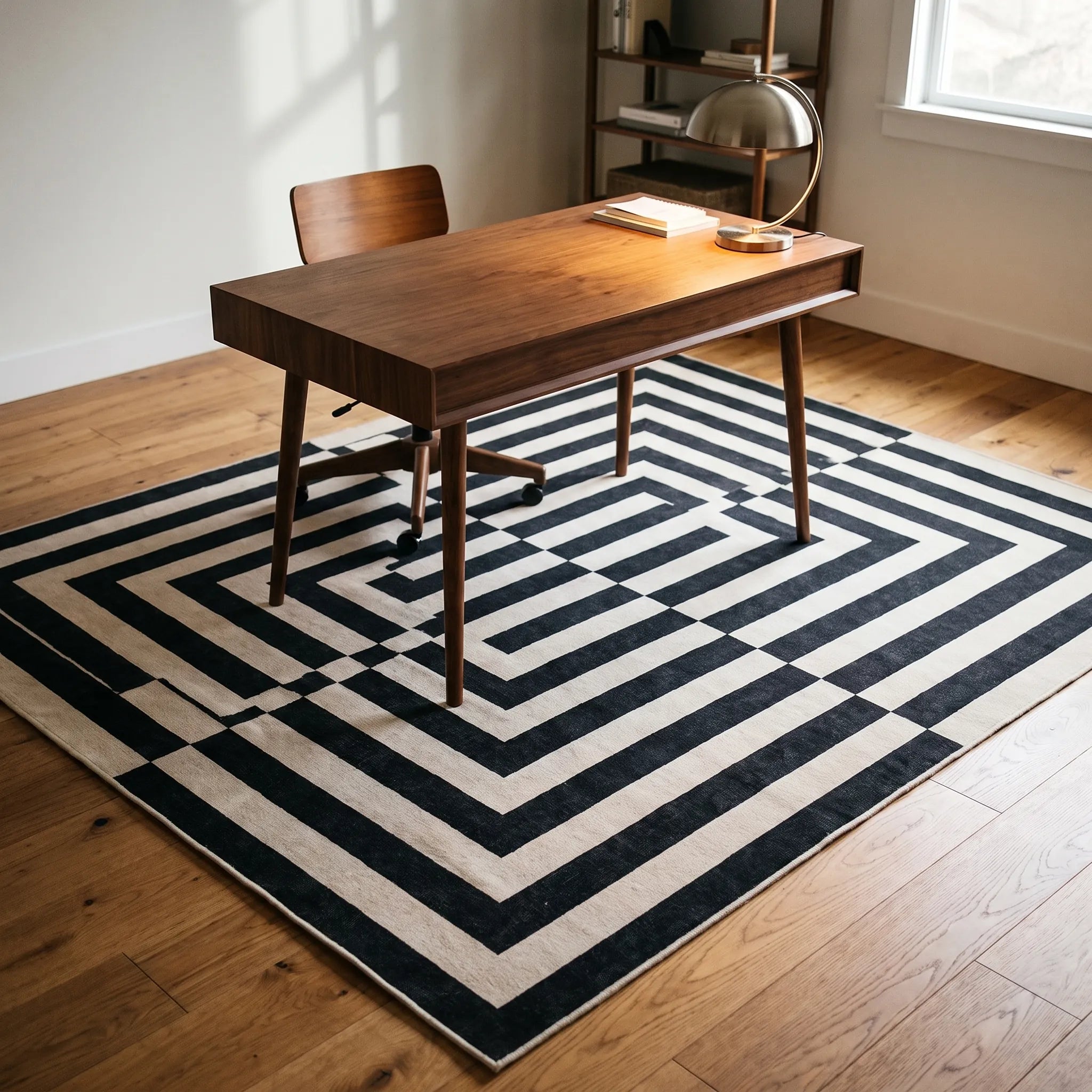 Op Art Charcoal Rug in a home office